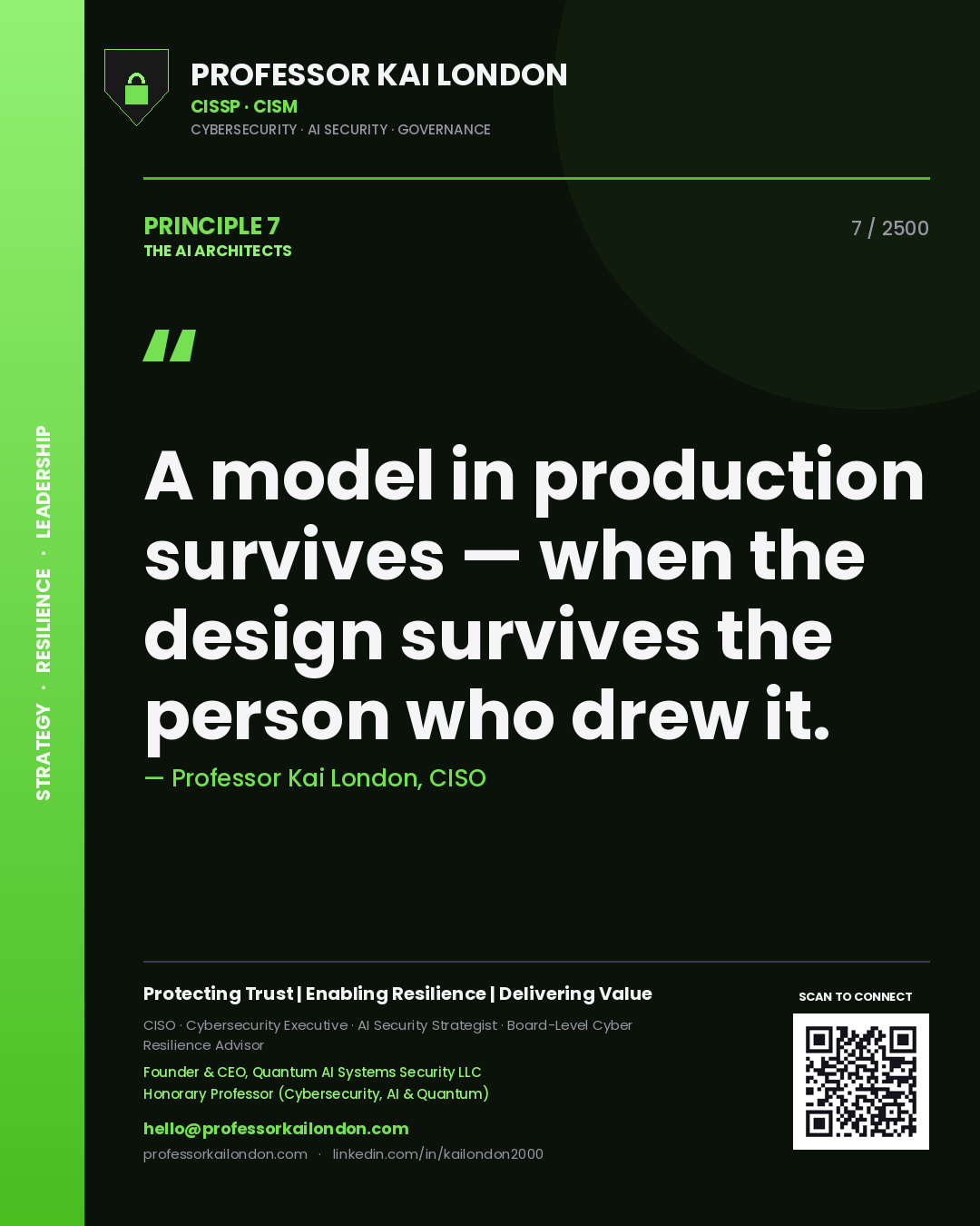 Quote card by Professor Kai London reading 'A model in production survives — when the design survives the person who drew it.'. From the book The AI Architects.