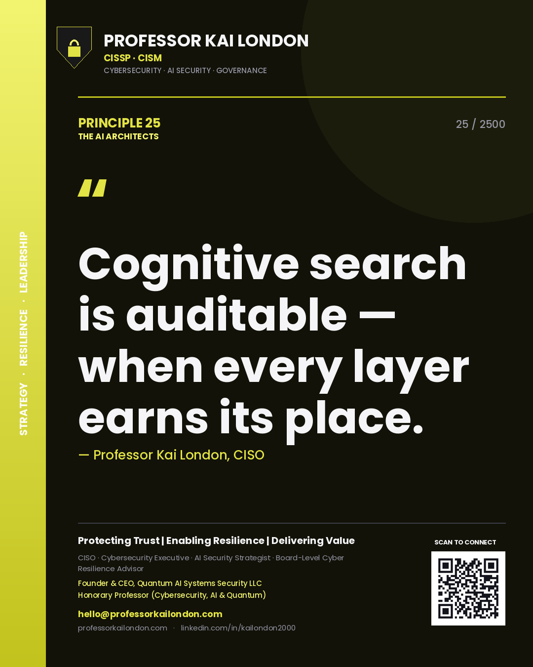 Professor Kai London principle 25: Cognitive search is auditable — when every layer earns its place.