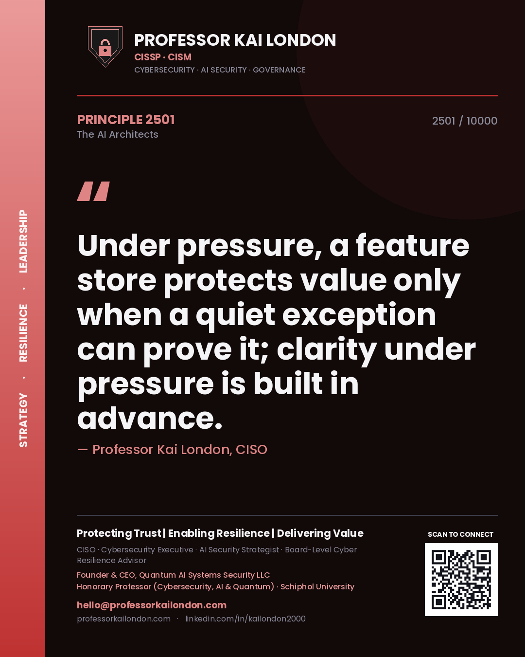 Quote card by Professor Kai London reading 'Under pressure, a feature store protects value only when a quiet exception can prove it; clarity under pressure is built in advance.'. From the book The AI Architects.