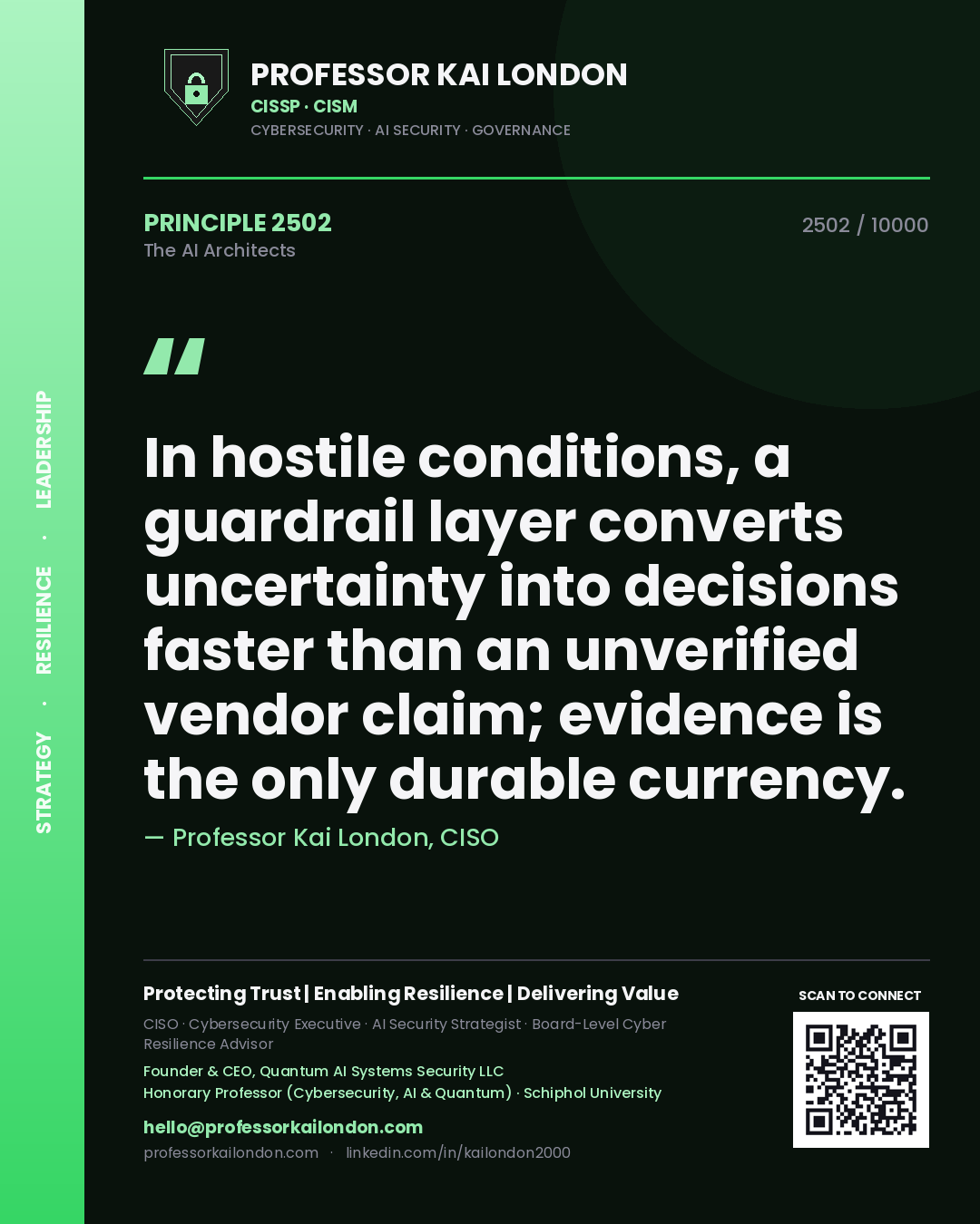 Quote card by Professor Kai London reading 'In hostile conditions, a guardrail layer converts uncertainty into decisions faster than an unverified vendor claim; evidence is the only durable currency.'. From the book The AI Architects.