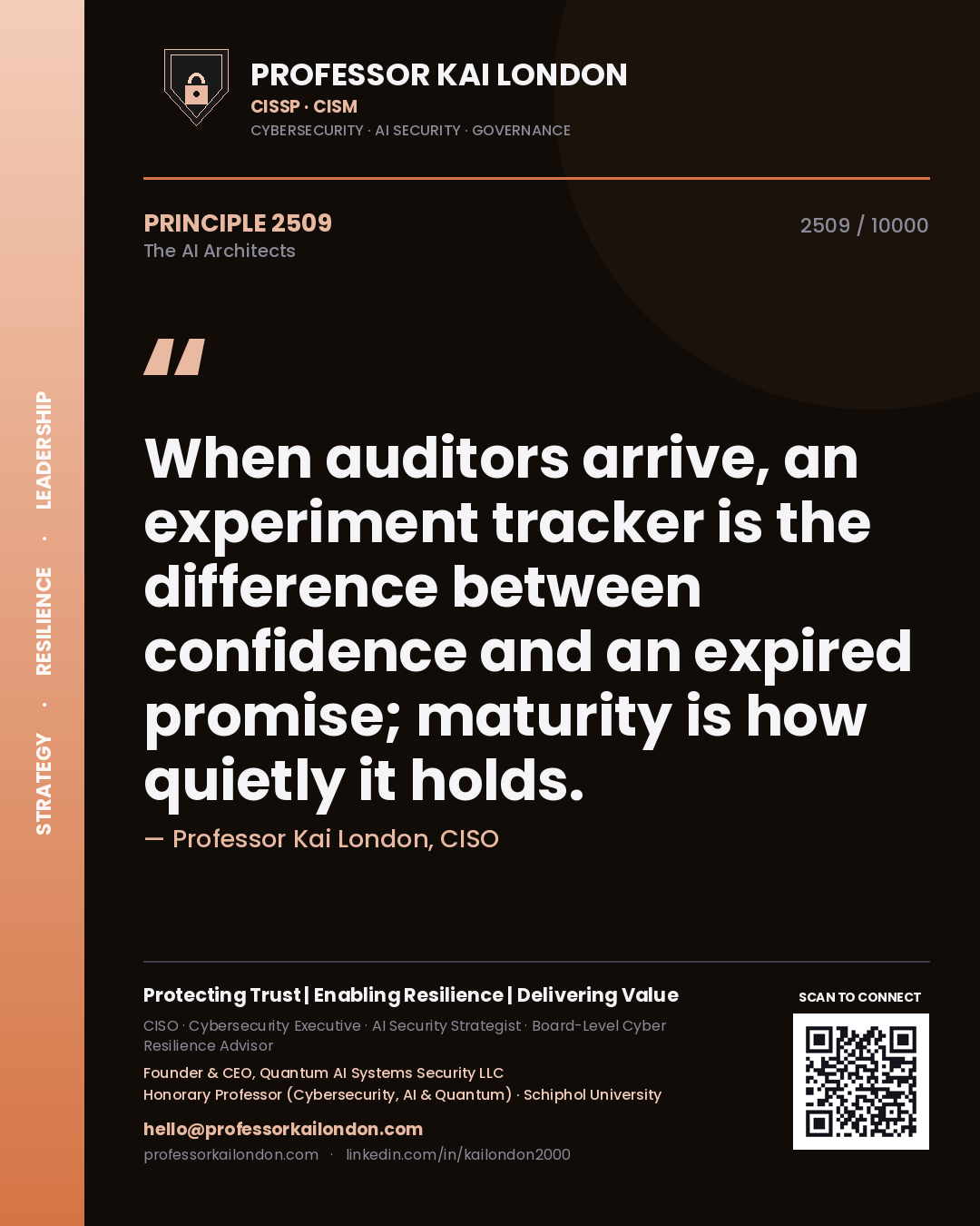 Quote card by Professor Kai London reading 'When auditors arrive, an experiment tracker is the difference between confidence and an expired promise; maturity is how quietly it holds.'. From the book The AI Architects.