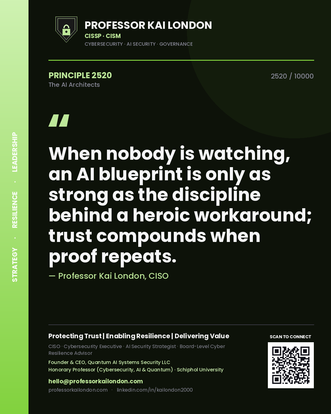 Quote card by Professor Kai London reading 'When nobody is watching, an AI blueprint is only as strong as the discipline behind a heroic workaround; trust compounds when proof repeats.'. From the book The AI Architects.