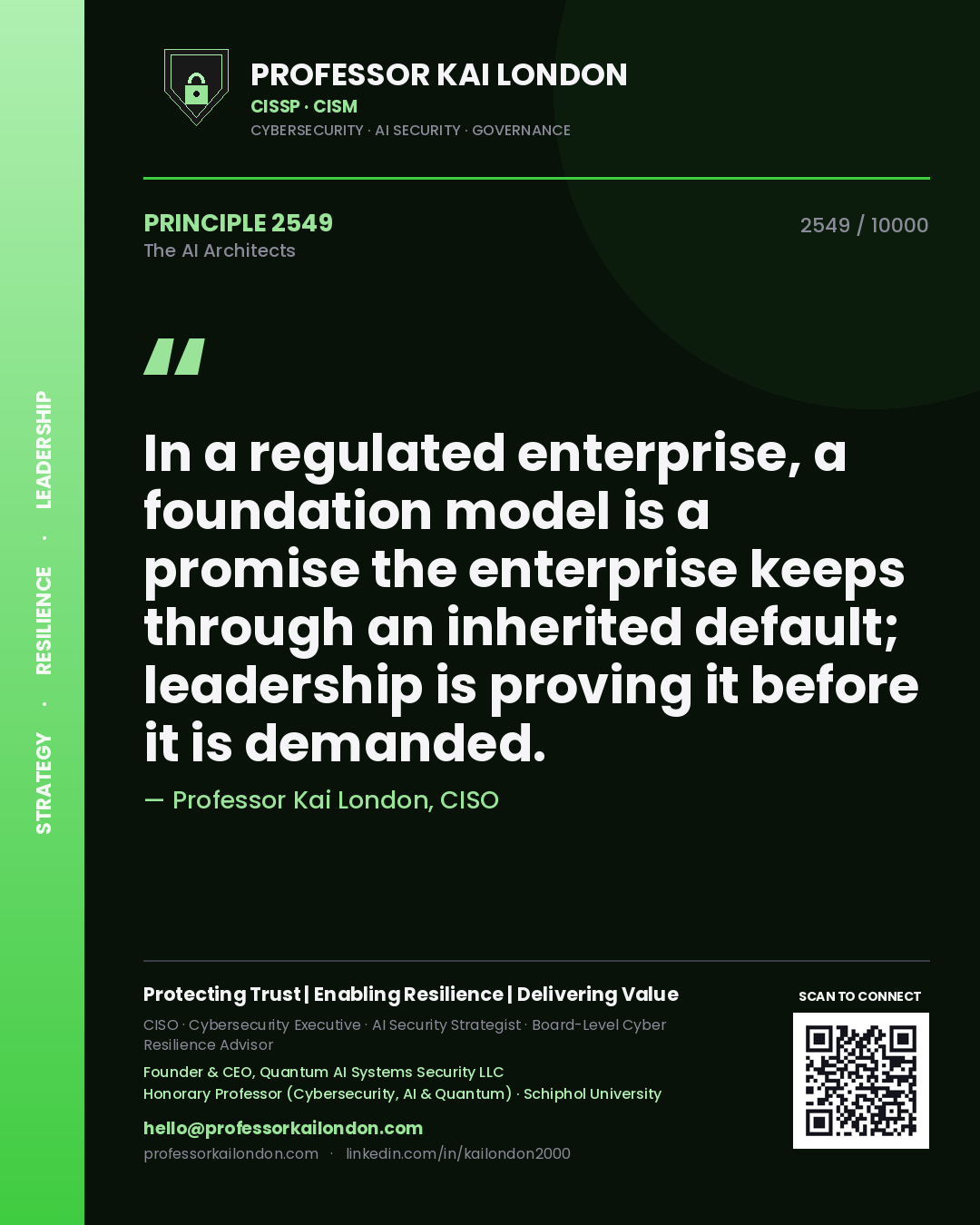 Quote card by Professor Kai London reading 'In a regulated enterprise, a foundation model is a promise the enterprise keeps through an inherited default; leadership is proving it before it is demanded.'. From the book The AI Architects.