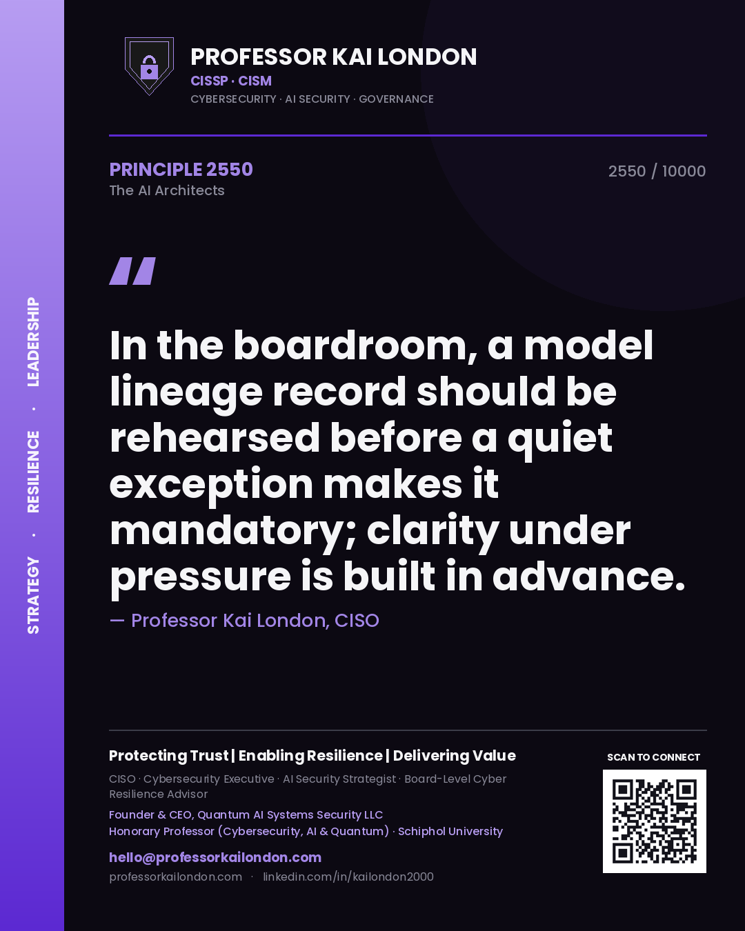 Quote card by Professor Kai London reading 'In the boardroom, a model lineage record should be rehearsed before a quiet exception makes it mandatory; clarity under pressure is built in advance.'. From the book The AI Architects.