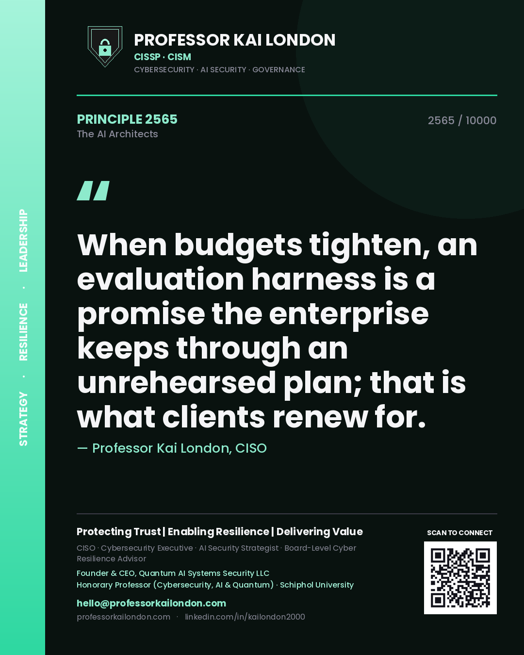 Quote card by Professor Kai London reading 'When budgets tighten, an evaluation harness is a promise the enterprise keeps through an unrehearsed plan; that is what clients renew for.'. From the book The AI Architects.
