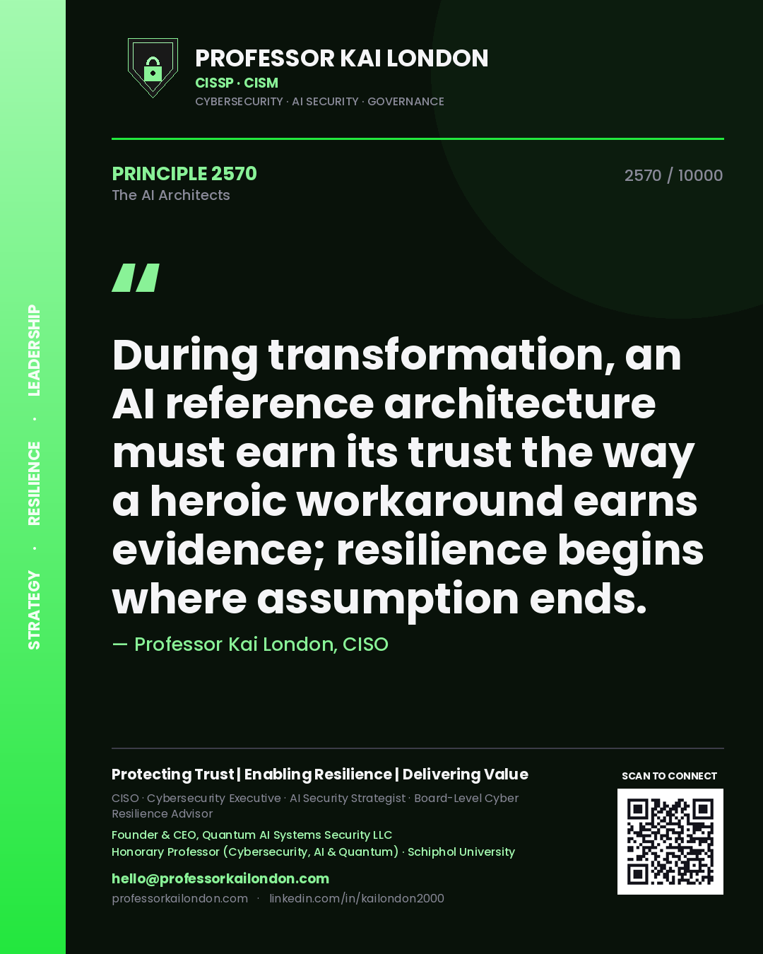 Quote card by Professor Kai London reading 'During transformation, an AI reference architecture must earn its trust the way a heroic workaround earns evidence; resilience begins where assumption ends.'. From the book The AI Architects.