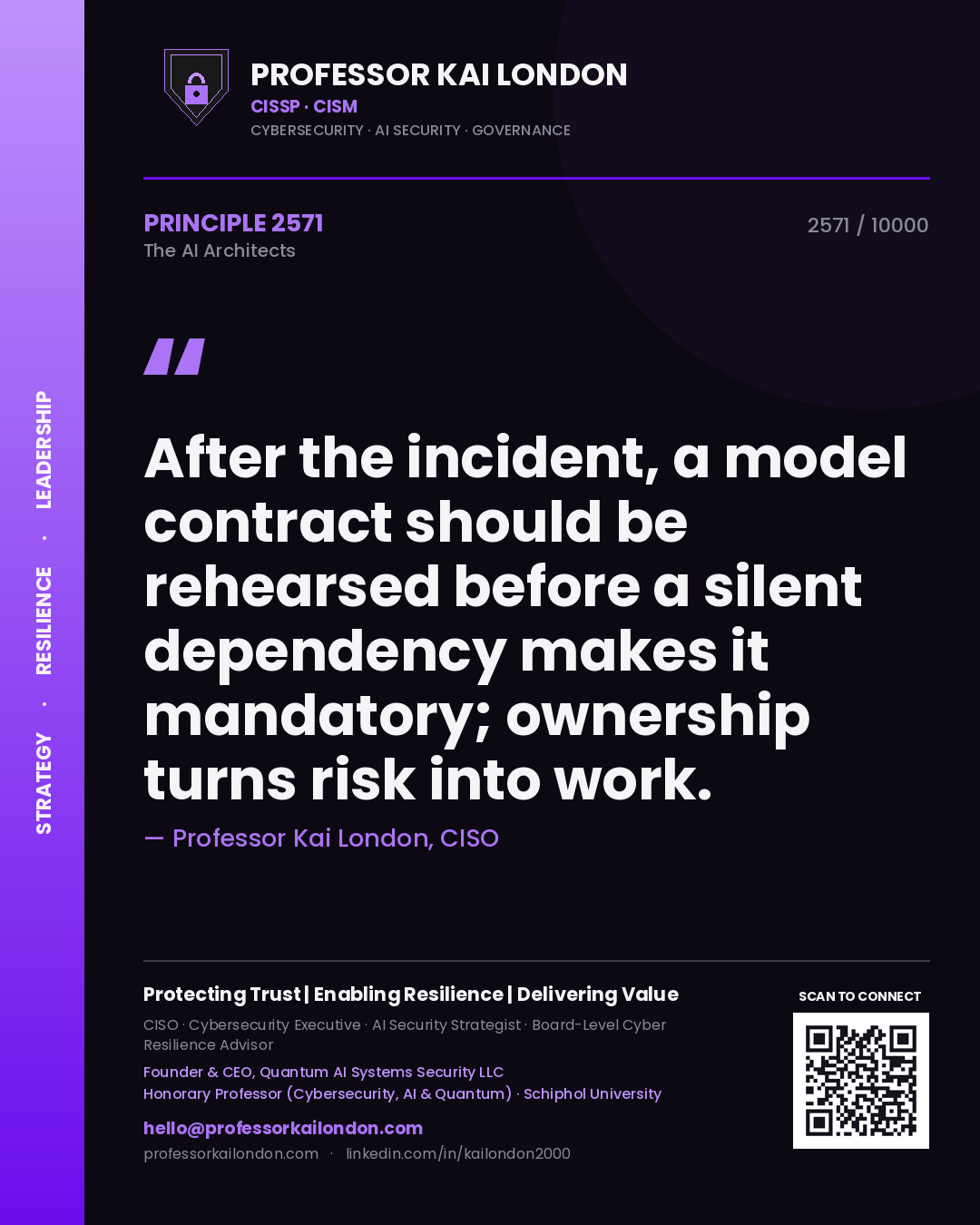Quote card by Professor Kai London reading 'After the incident, a model contract should be rehearsed before a silent dependency makes it mandatory; ownership turns risk into work.'. From the book The AI Architects.