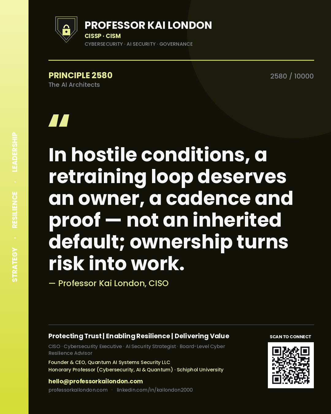 Quote card by Professor Kai London reading 'In hostile conditions, a retraining loop deserves an owner, a cadence and proof — not an inherited default; ownership turns risk into work.'. From the book The AI Architects.