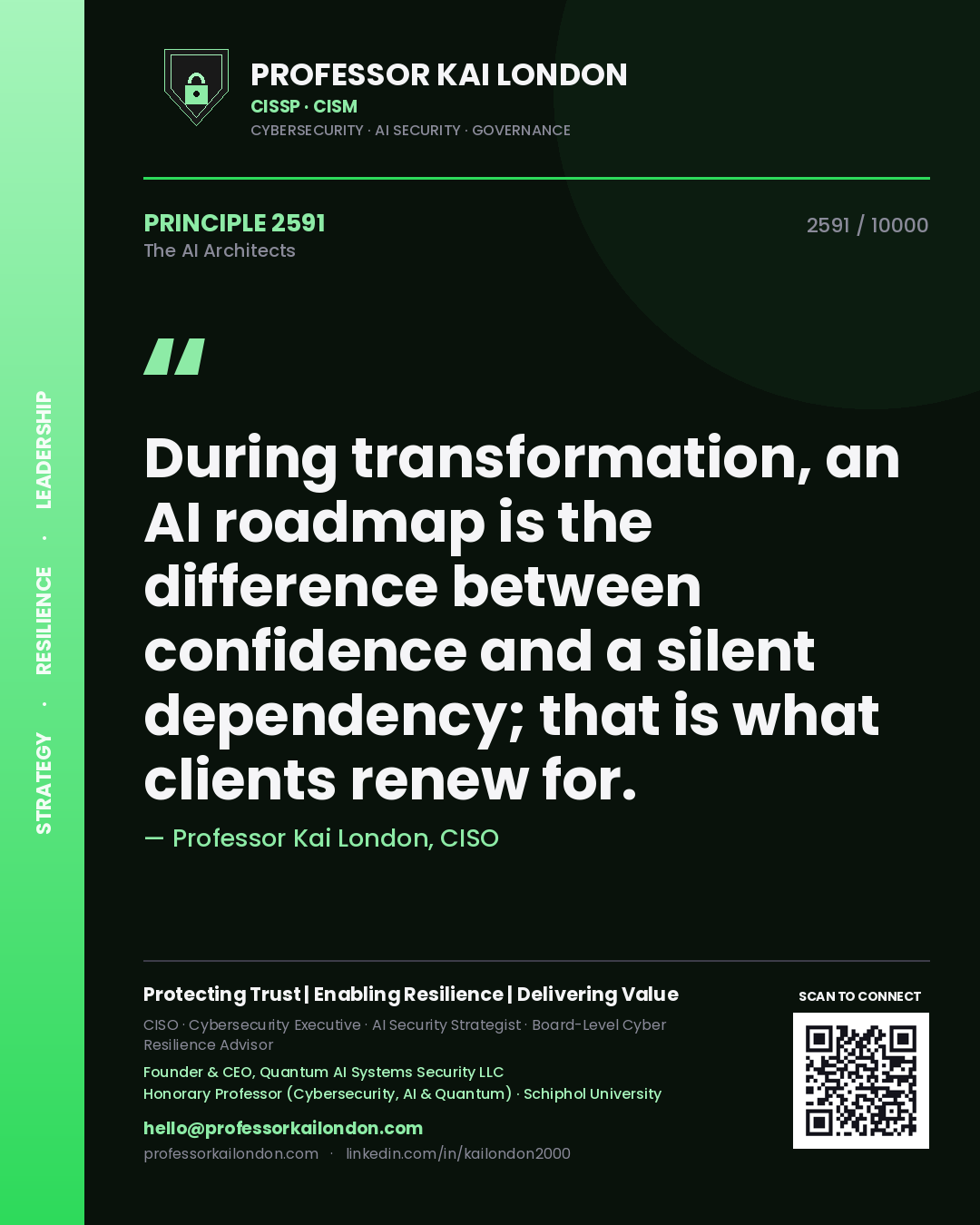 Quote card by Professor Kai London reading 'During transformation, an AI roadmap is the difference between confidence and a silent dependency; that is what clients renew for.'. From the book The AI Architects.
