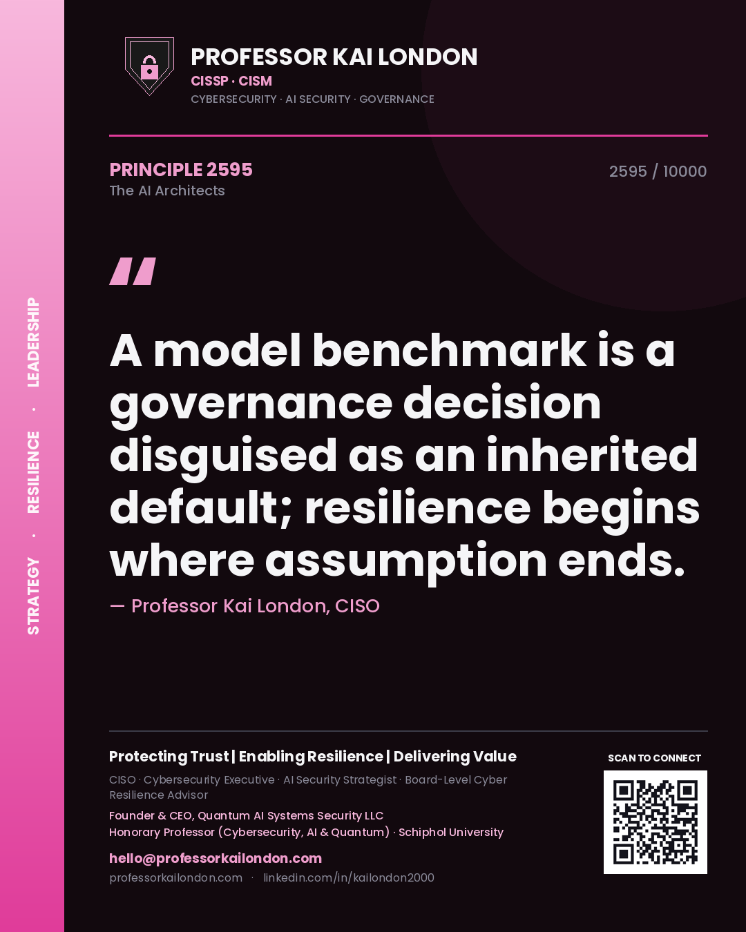 Quote card by Professor Kai London reading 'A model benchmark is a governance decision disguised as an inherited default; resilience begins where assumption ends.'. From the book The AI Architects.