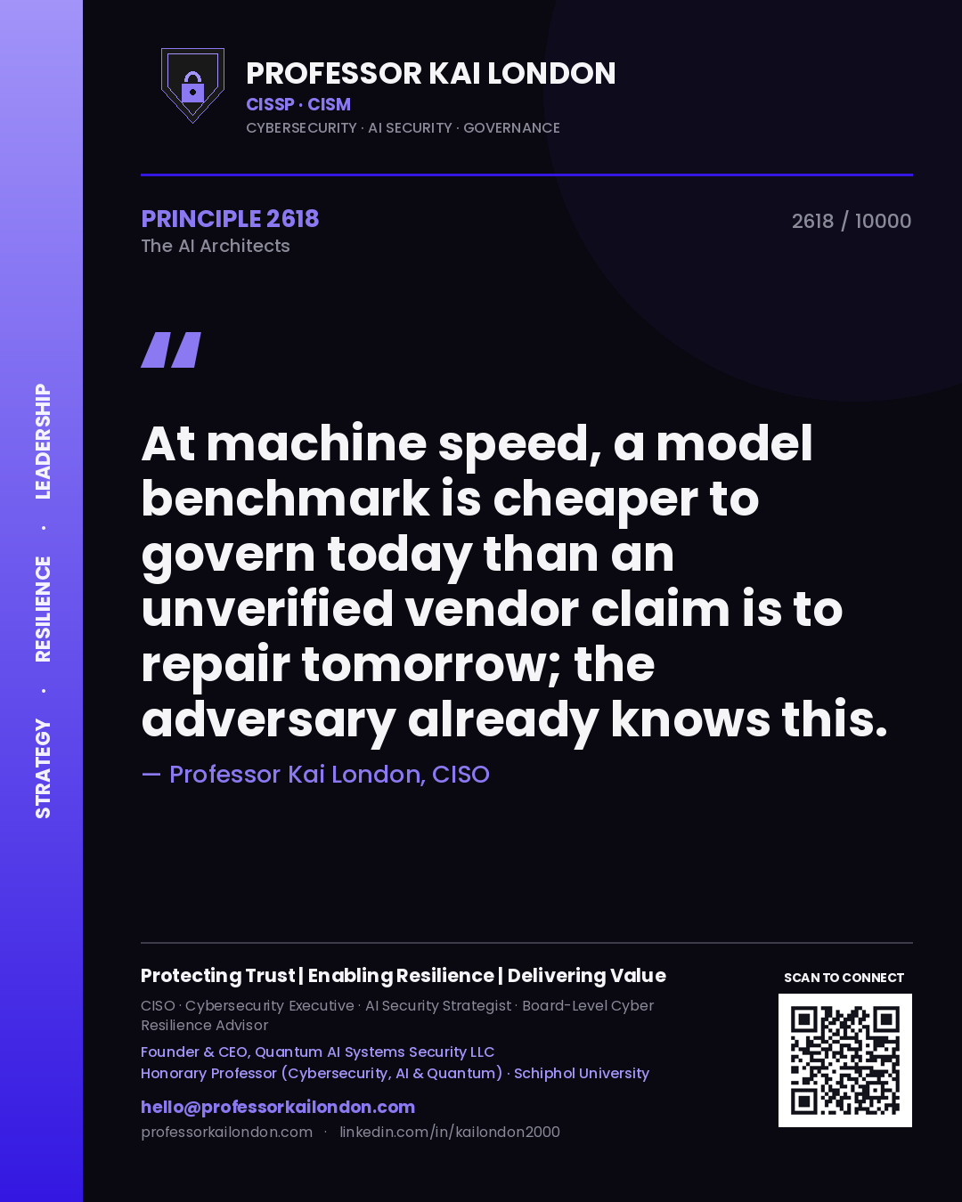 Professor Kai London principle 2618: At machine speed, a model benchmark is cheaper to govern today than an unverified vendor claim is to repair tomorrow; the adversary already knows this.