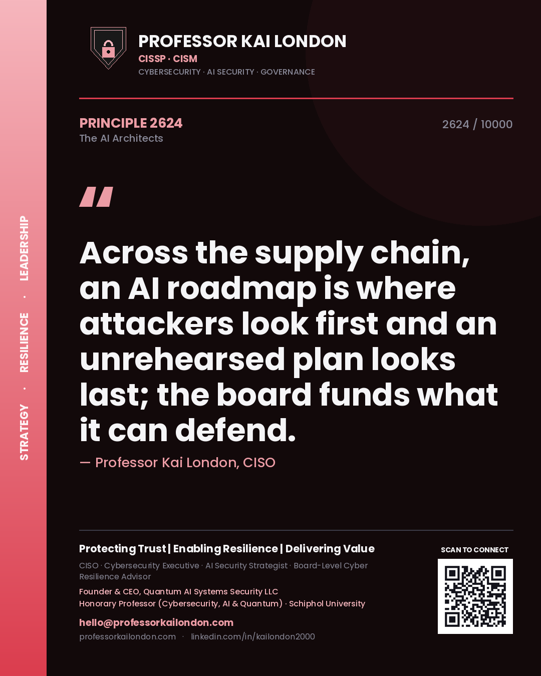 Professor Kai London principle 2624: Across the supply chain, an AI roadmap is where attackers look first and an unrehearsed plan looks last; the board funds what it can defend.