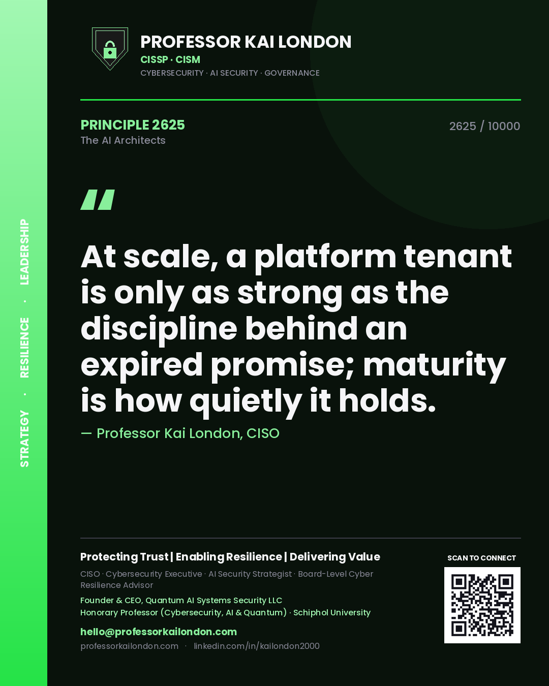 Professor Kai London principle 2625: At scale, a platform tenant is only as strong as the discipline behind an expired promise; maturity is how quietly it holds.