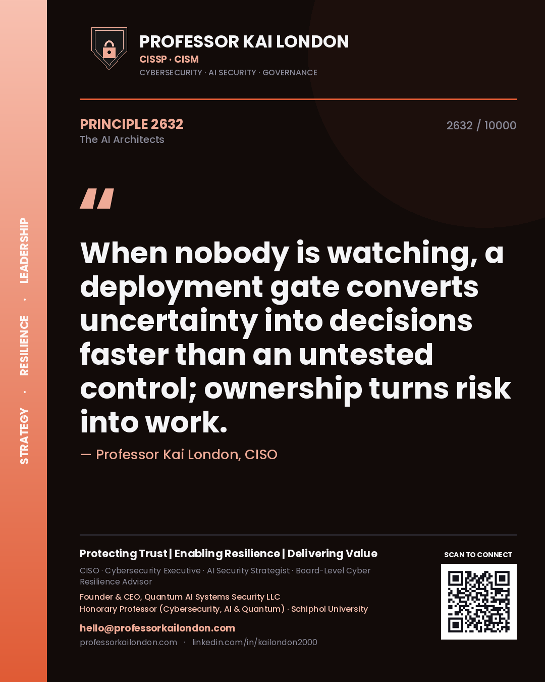 Quote card by Professor Kai London reading 'When nobody is watching, a deployment gate converts uncertainty into decisions faster than an untested control; ownership turns risk into work.'. From the book The AI Architects.