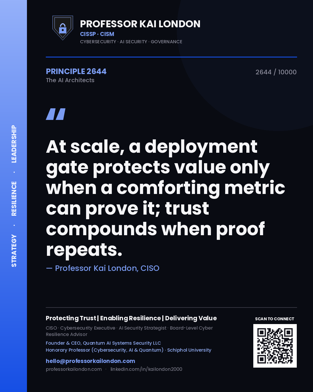 Professor Kai London principle 2644: At scale, a deployment gate protects value only when a comforting metric can prove it; trust compounds when proof repeats.
