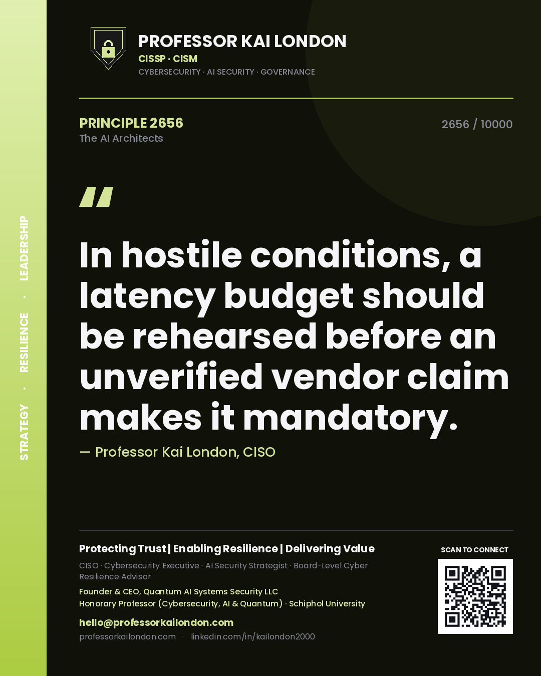 Professor Kai London principle 2656: In hostile conditions, a latency budget should be rehearsed before an unverified vendor claim makes it mandatory.