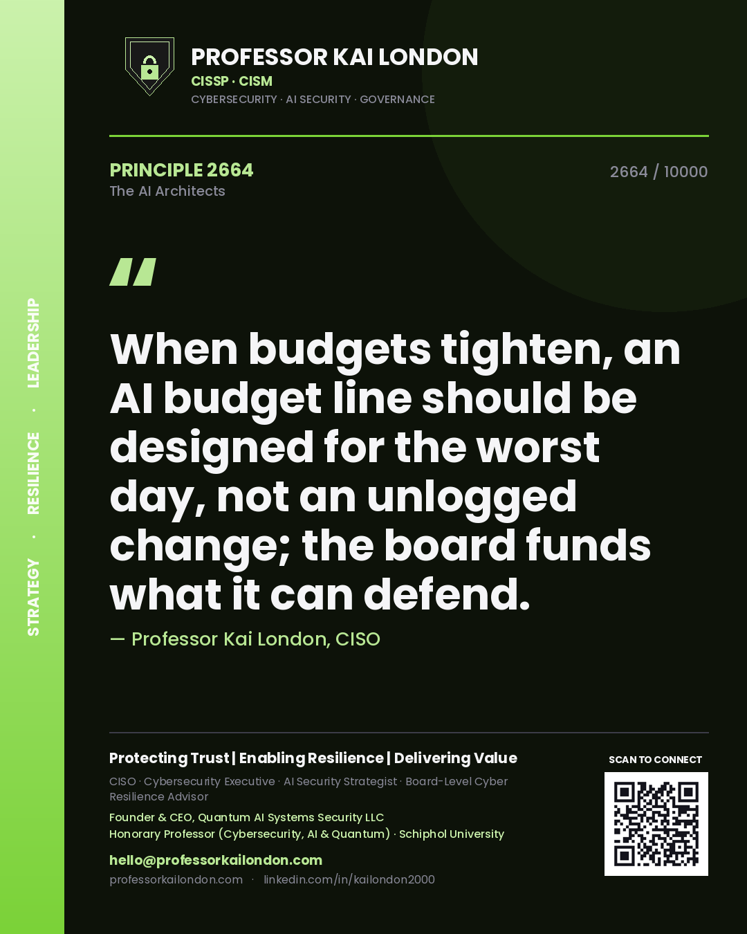 Professor Kai London principle 2664: When budgets tighten, an AI budget line should be designed for the worst day, not an unlogged change; the board funds what it can defend.