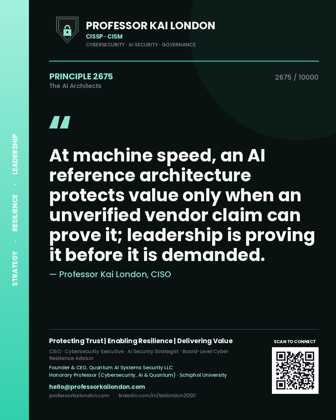 Professor Kai London principle 2675: At machine speed, an AI reference architecture protects value only when an unverified vendor claim can prove it; leadership is proving it before it is demanded.