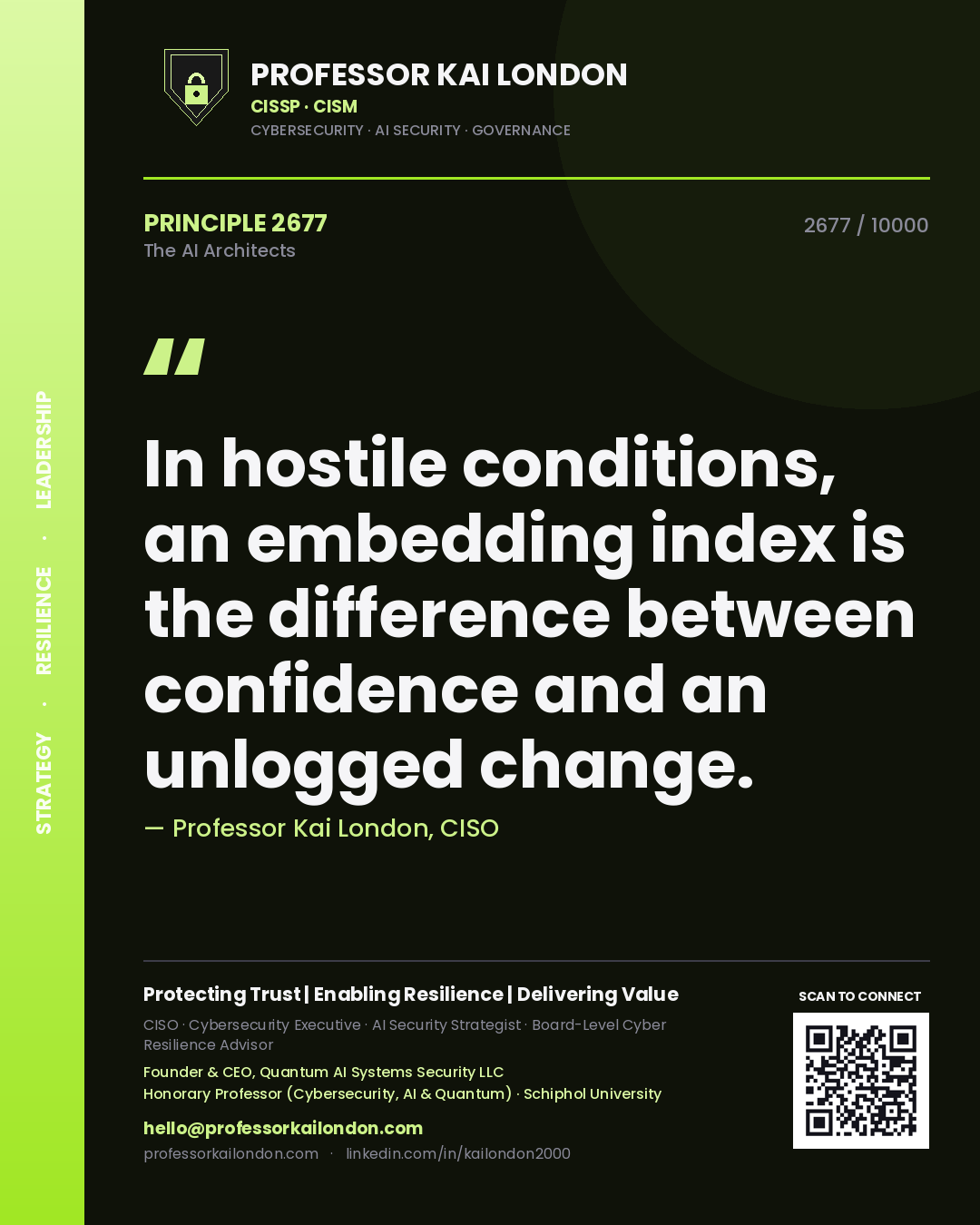 Quote card by Professor Kai London reading 'In hostile conditions, an embedding index is the difference between confidence and an unlogged change.'. From the book The AI Architects.