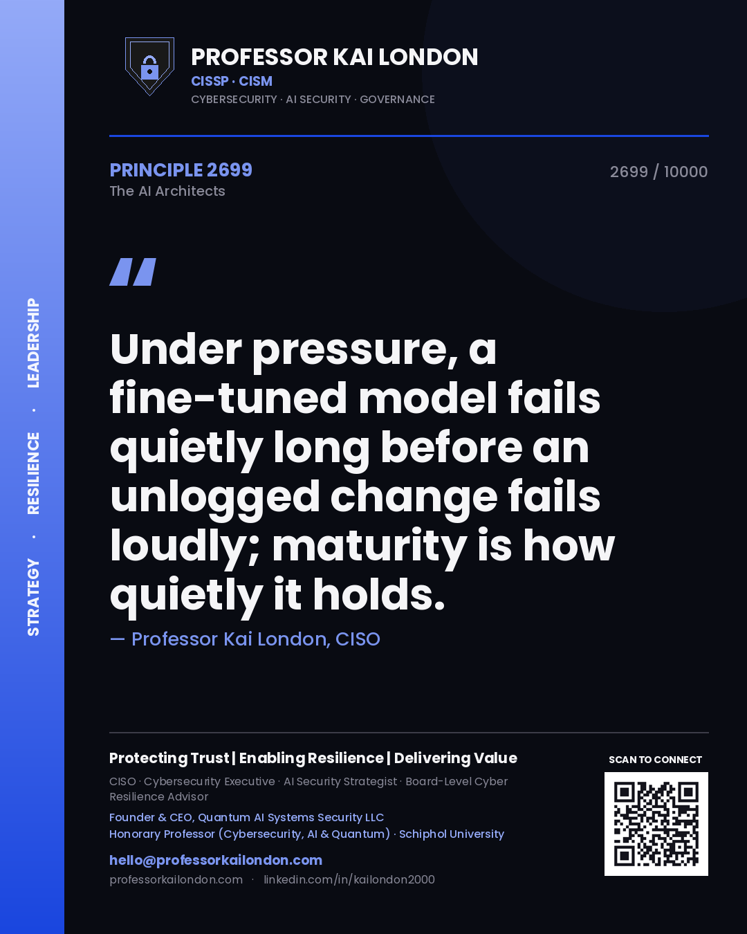 Professor Kai London principle 2699: Under pressure, a fine-tuned model fails quietly long before an unlogged change fails loudly; maturity is how quietly it holds.