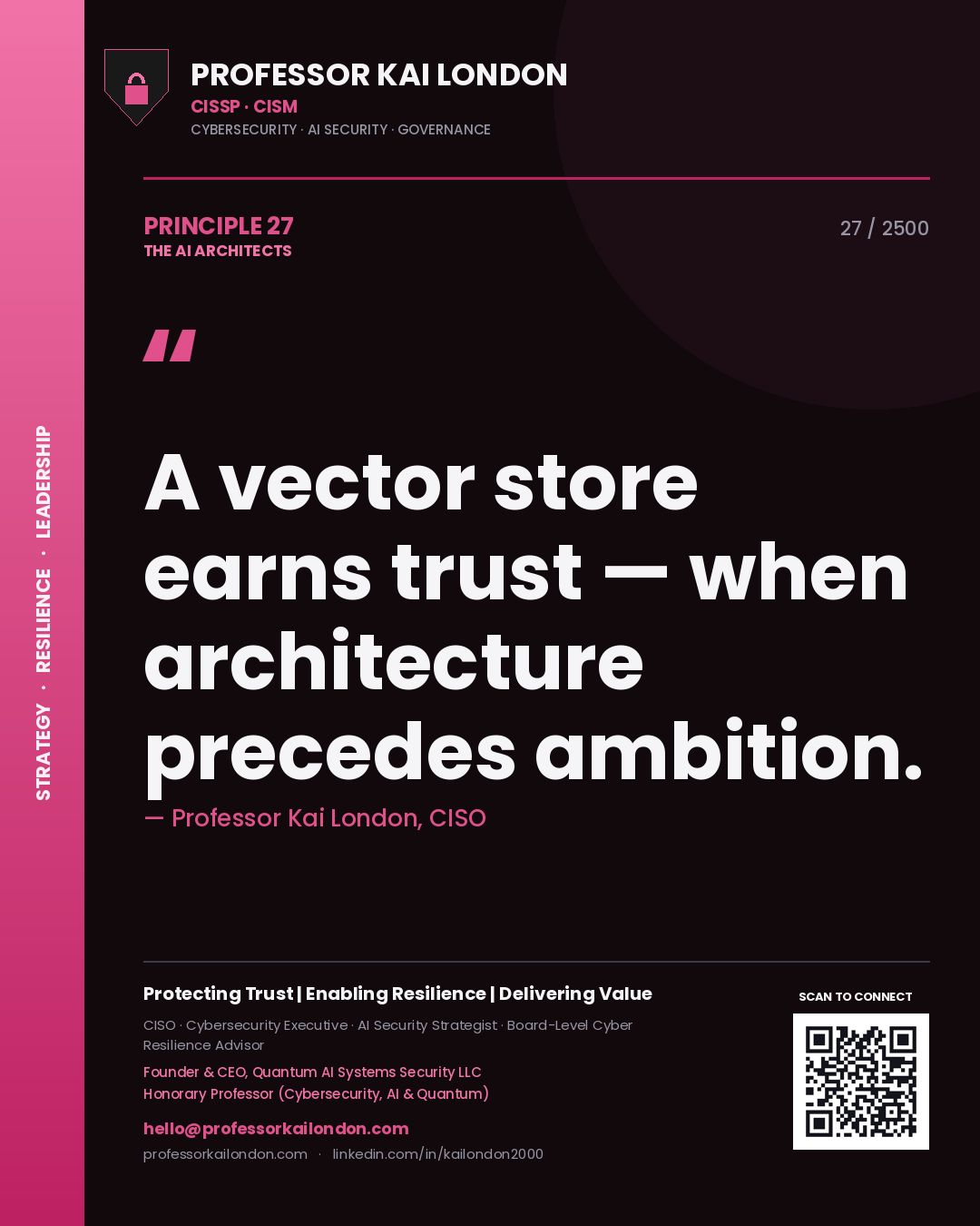 Quote card by Professor Kai London reading 'A vector store earns trust — when architecture precedes ambition.'. From the book The AI Architects.