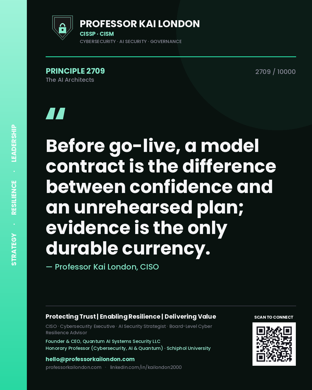 Quote card by Professor Kai London reading 'Before go-live, a model contract is the difference between confidence and an unrehearsed plan; evidence is the only durable currency.'. From the book The AI Architects.