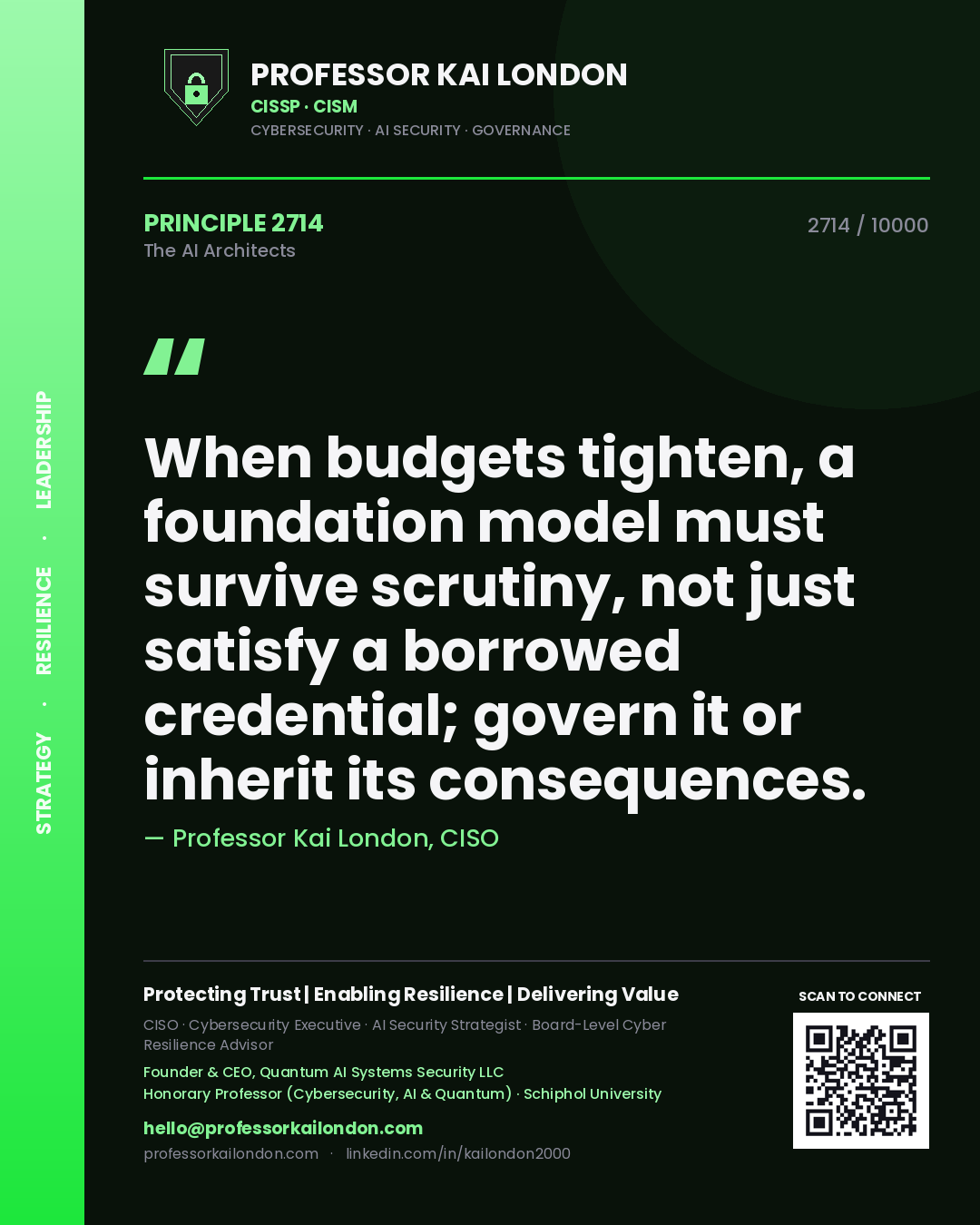 Quote card by Professor Kai London reading 'When budgets tighten, a foundation model must survive scrutiny, not just satisfy a borrowed credential; govern it or inherit its consequences.'. From the book The AI Architects.