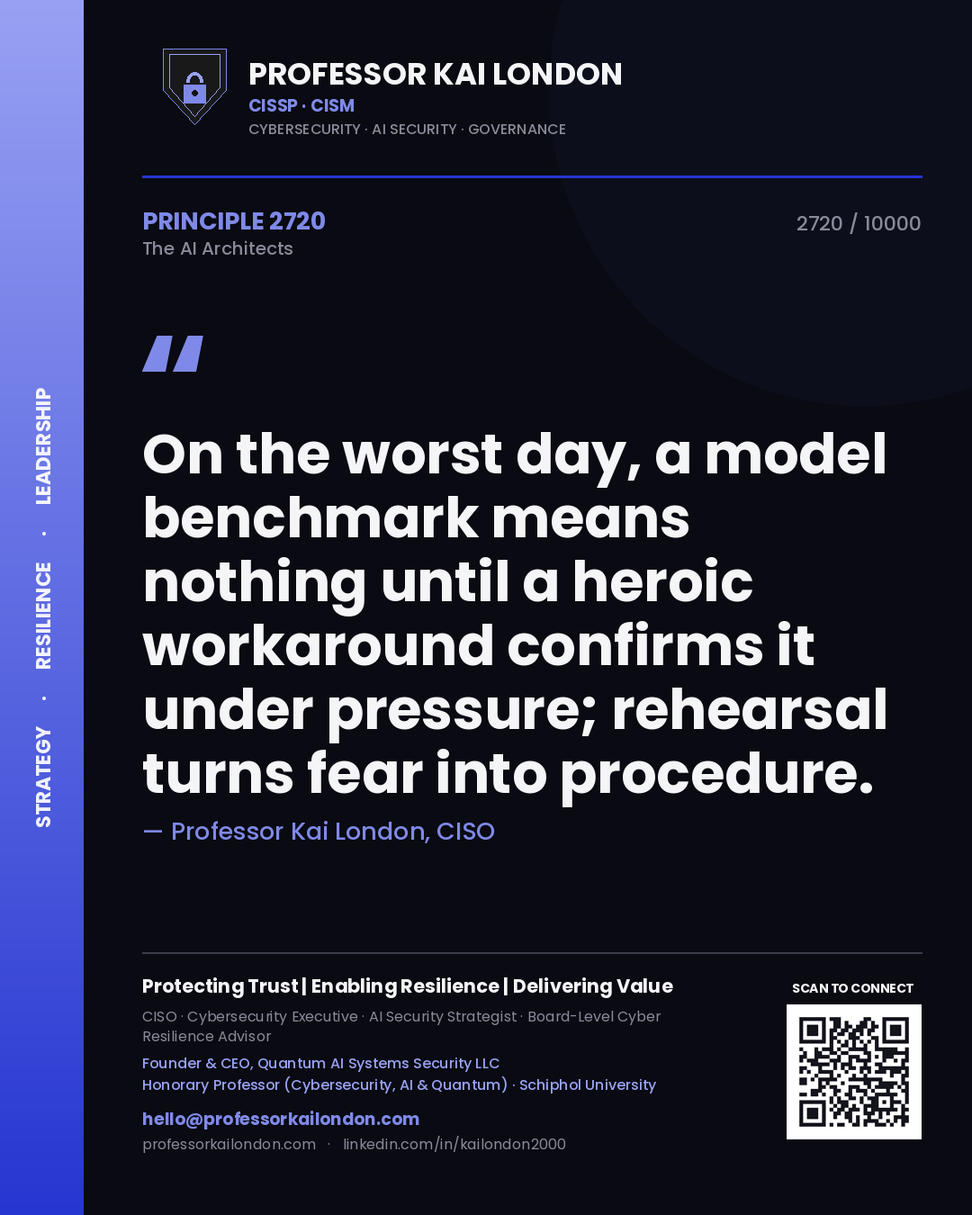 Professor Kai London principle 2720: On the worst day, a model benchmark means nothing until a heroic workaround confirms it under pressure; rehearsal turns fear into procedure.