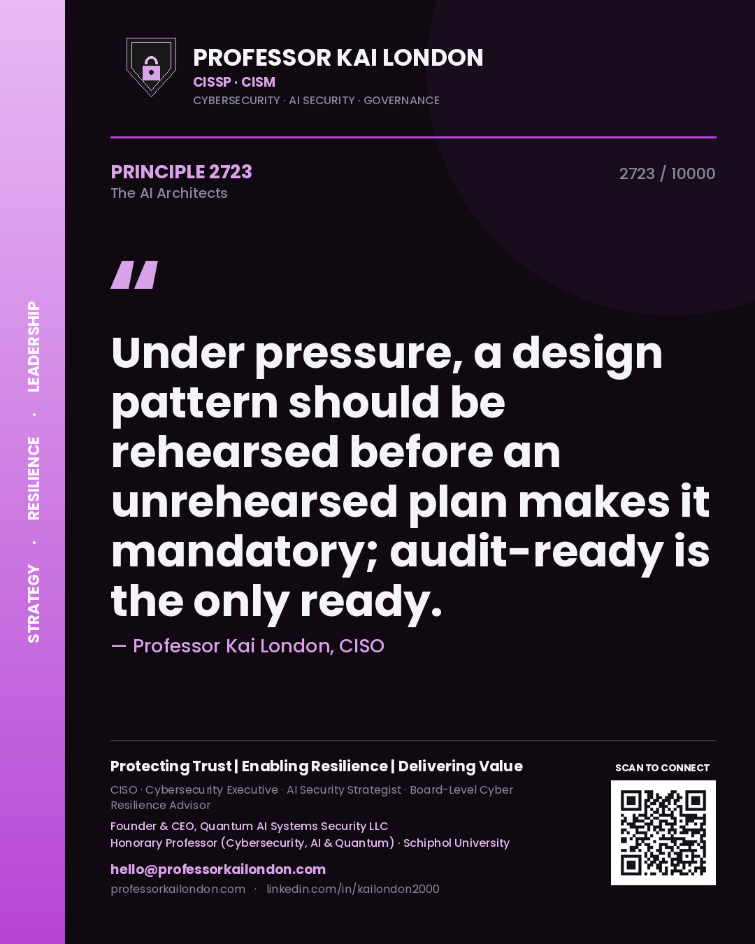 Quote card by Professor Kai London reading 'Under pressure, a design pattern should be rehearsed before an unrehearsed plan makes it mandatory; audit-ready is the only ready.'. From the book The AI Architects.