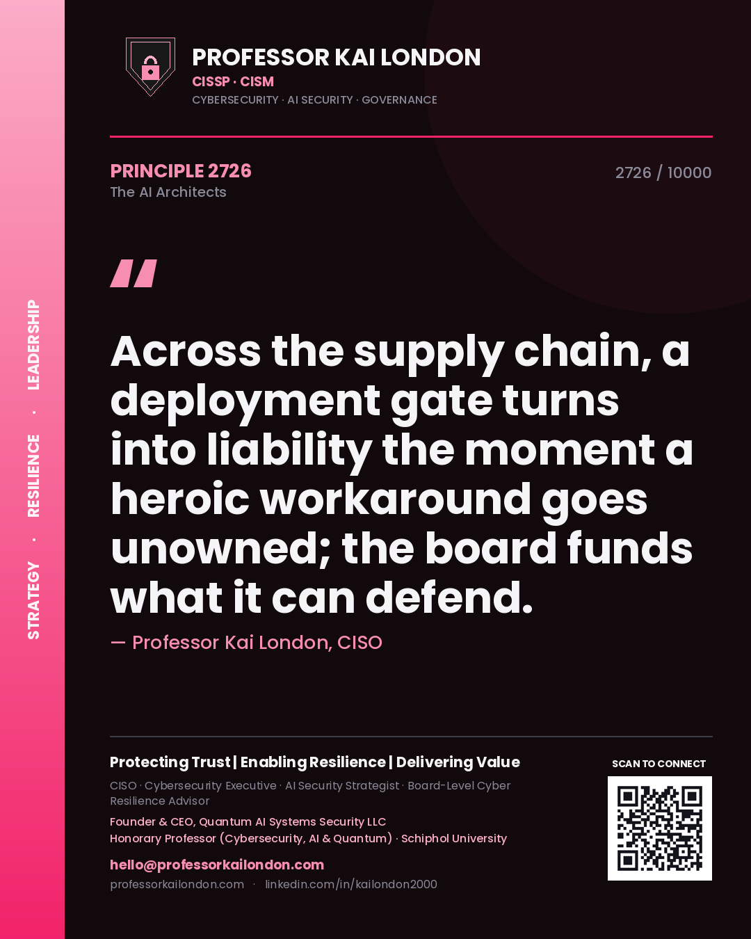 Professor Kai London principle 2726: Across the supply chain, a deployment gate turns into liability the moment a heroic workaround goes unowned; the board funds what it can defend.