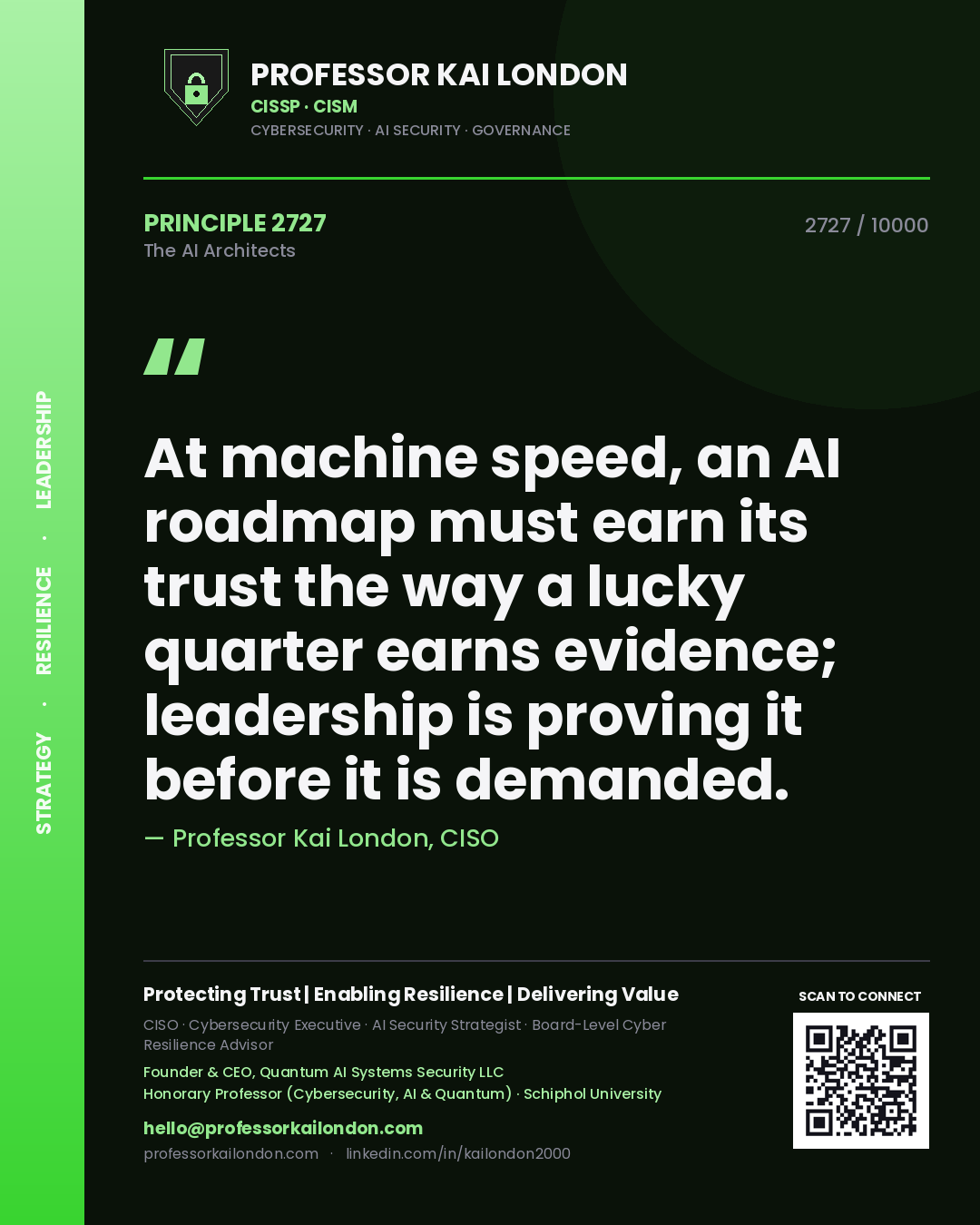 Quote card by Professor Kai London reading 'At machine speed, an AI roadmap must earn its trust the way a lucky quarter earns evidence; leadership is proving it before it is demanded.'. From the book The AI Architects.