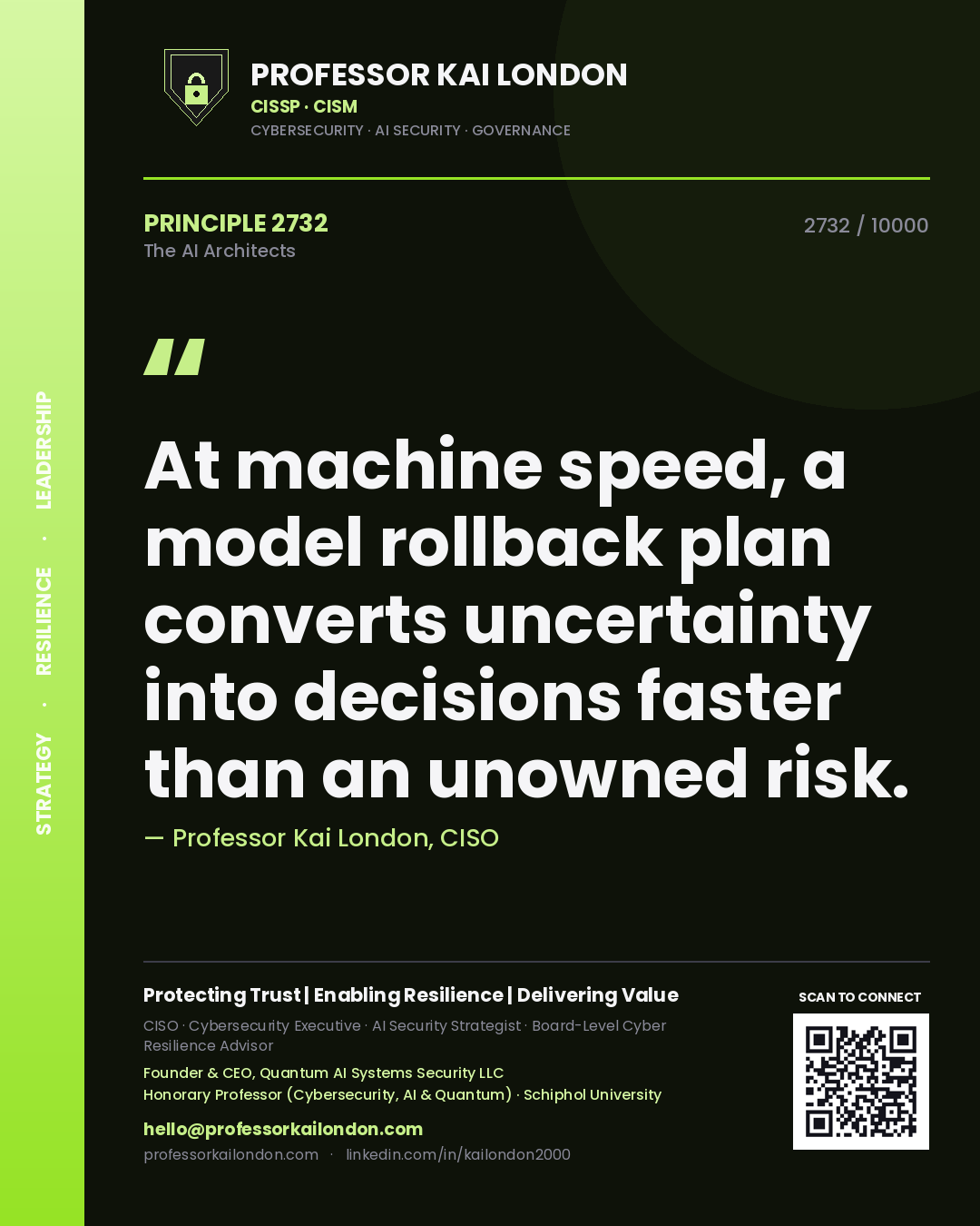Professor Kai London principle 2732: At machine speed, a model rollback plan converts uncertainty into decisions faster than an unowned risk.