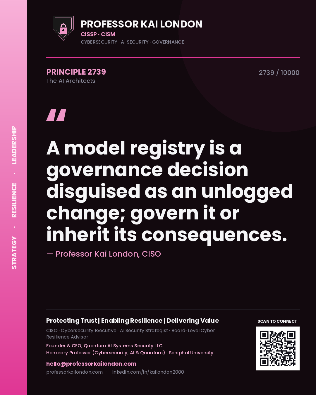 Quote card by Professor Kai London reading 'A model registry is a governance decision disguised as an unlogged change; govern it or inherit its consequences.'. From the book The AI Architects.