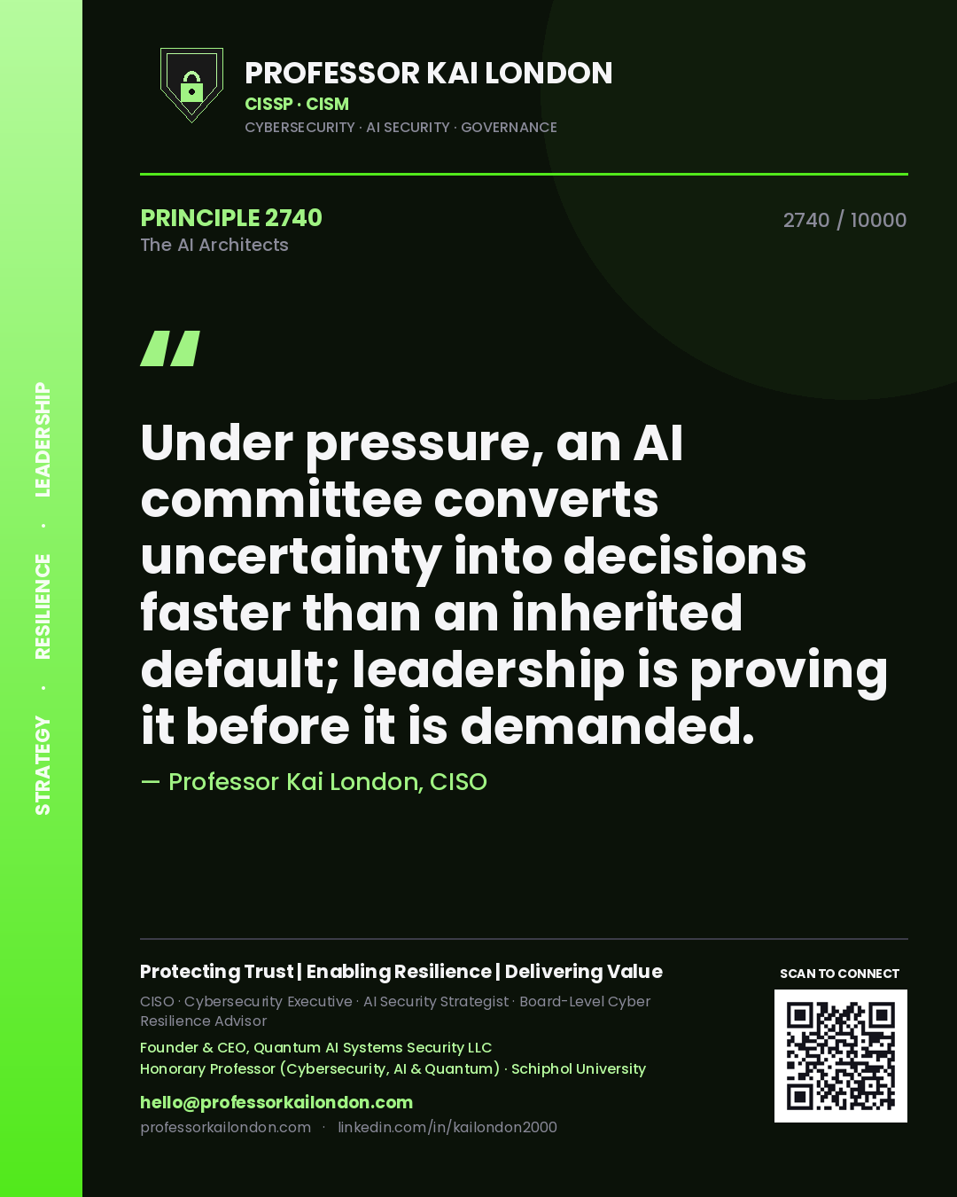 Quote card by Professor Kai London reading 'Under pressure, an AI committee converts uncertainty into decisions faster than an inherited default; leadership is proving it before it is demanded.'. From the book The AI Architects.