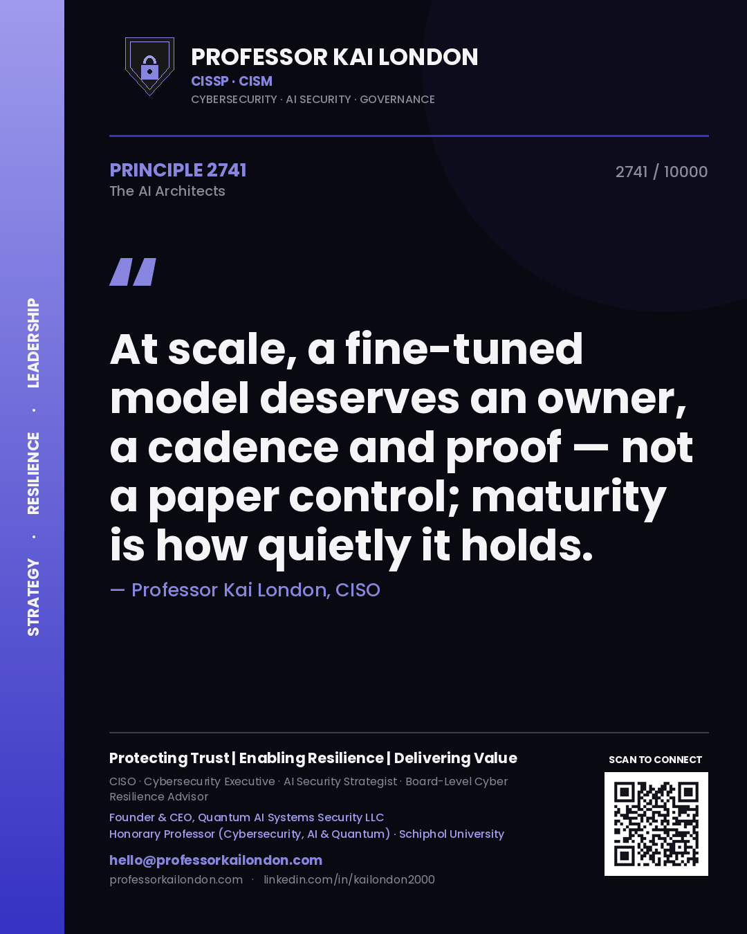 Quote card by Professor Kai London reading 'At scale, a fine-tuned model deserves an owner, a cadence and proof — not a paper control; maturity is how quietly it holds.'. From the book The AI Architects.