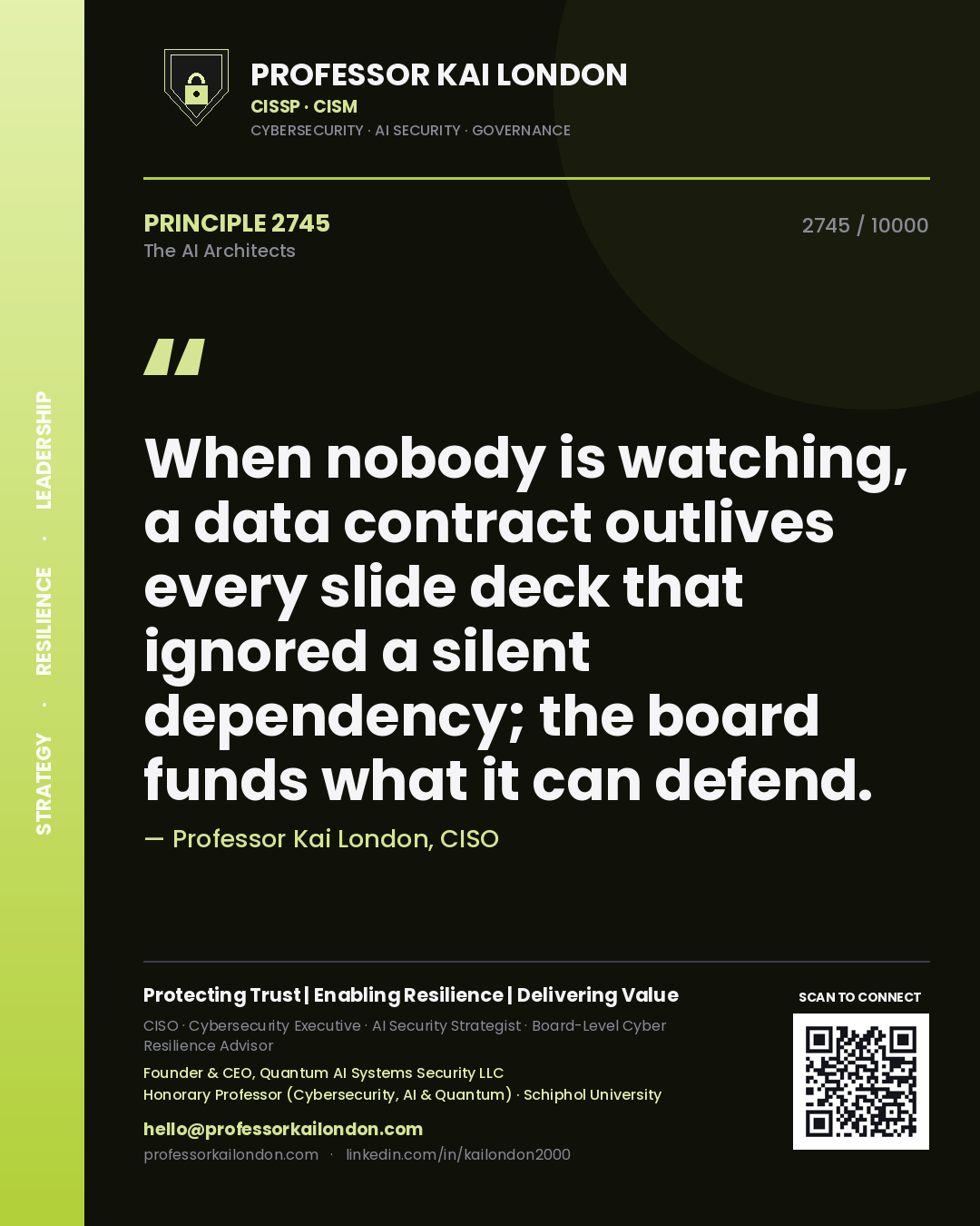 Quote card by Professor Kai London reading 'When nobody is watching, a data contract outlives every slide deck that ignored a silent dependency; the board funds what it can defend.'. From the book The AI Architects.