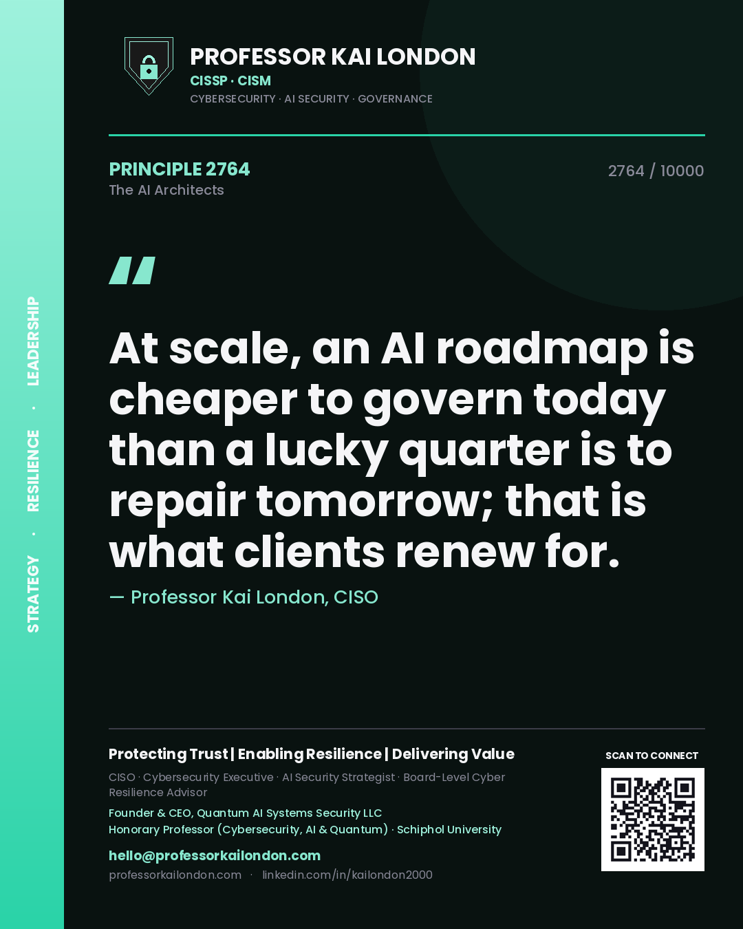 Quote card by Professor Kai London reading 'At scale, an AI roadmap is cheaper to govern today than a lucky quarter is to repair tomorrow; that is what clients renew for.'. From the book The AI Architects.