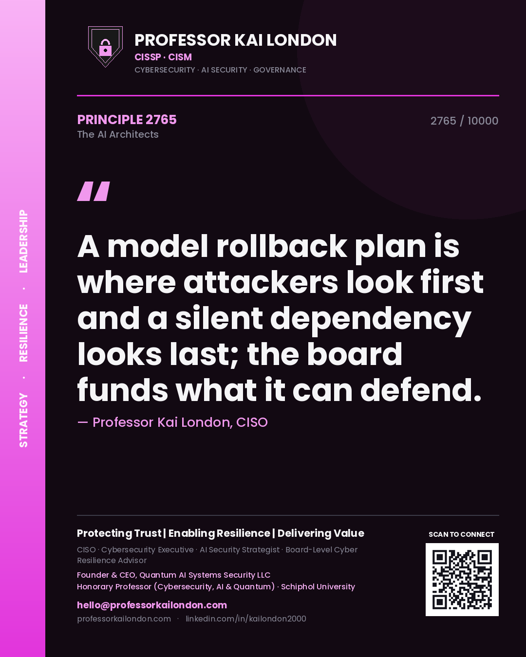 Quote card by Professor Kai London reading 'A model rollback plan is where attackers look first and a silent dependency looks last; the board funds what it can defend.'. From the book The AI Architects.
