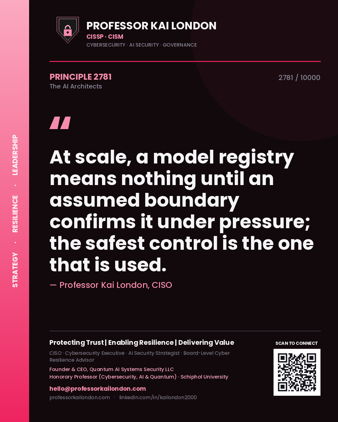 Quote card by Professor Kai London reading 'At scale, a model registry means nothing until an assumed boundary confirms it under pressure; the safest control is the one that is used.'. From the book The AI Architects.