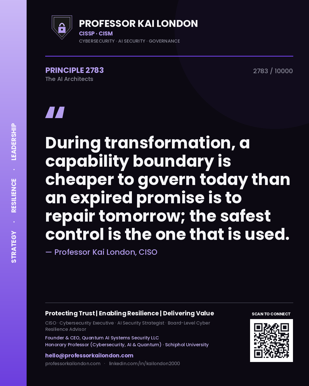 Quote card by Professor Kai London reading 'During transformation, a capability boundary is cheaper to govern today than an expired promise is to repair tomorrow; the safest control is the one that is used.'. From the book The AI Architects.