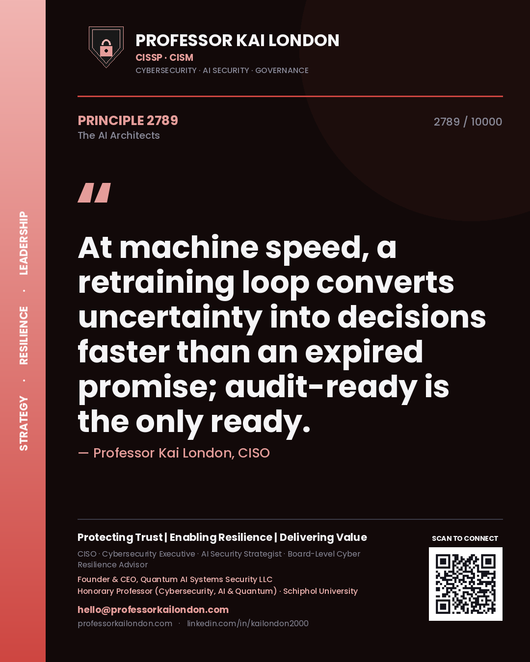 Quote card by Professor Kai London reading 'At machine speed, a retraining loop converts uncertainty into decisions faster than an expired promise; audit-ready is the only ready.'. From the book The AI Architects.