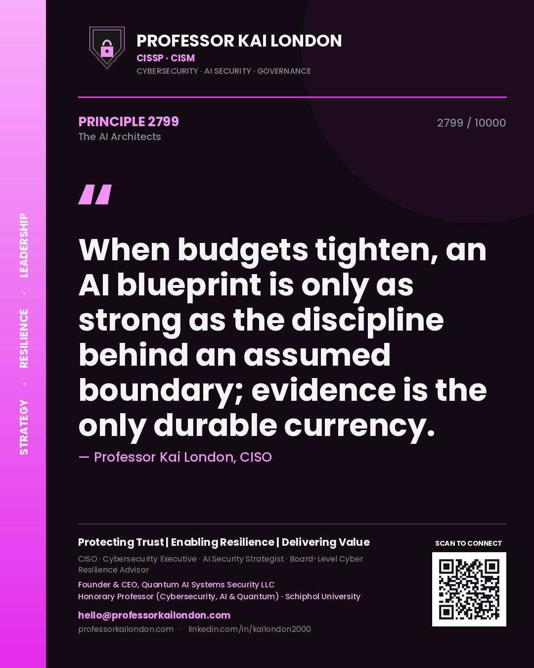 Quote card by Professor Kai London reading 'When budgets tighten, an AI blueprint is only as strong as the discipline behind an assumed boundary; evidence is the only durable currency.'. From the book The AI Architects.