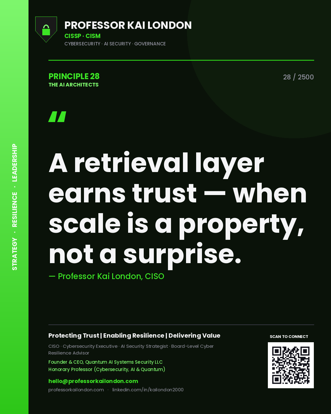 Professor Kai London principle 28: A retrieval layer earns trust — when scale is a property, not a surprise.