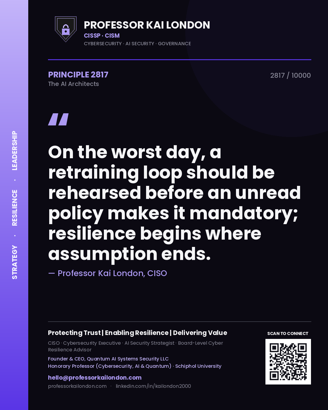 Quote card by Professor Kai London reading 'On the worst day, a retraining loop should be rehearsed before an unread policy makes it mandatory; resilience begins where assumption ends.'. From the book The AI Architects.