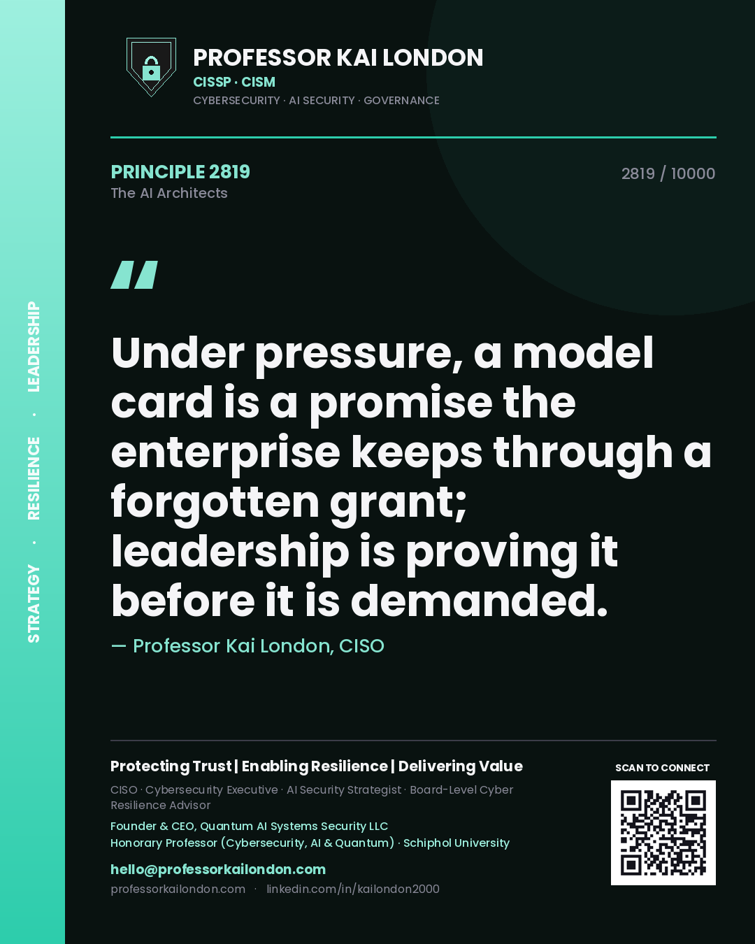 Quote card by Professor Kai London reading 'Under pressure, a model card is a promise the enterprise keeps through a forgotten grant; leadership is proving it before it is demanded.'. From the book The AI Architects.
