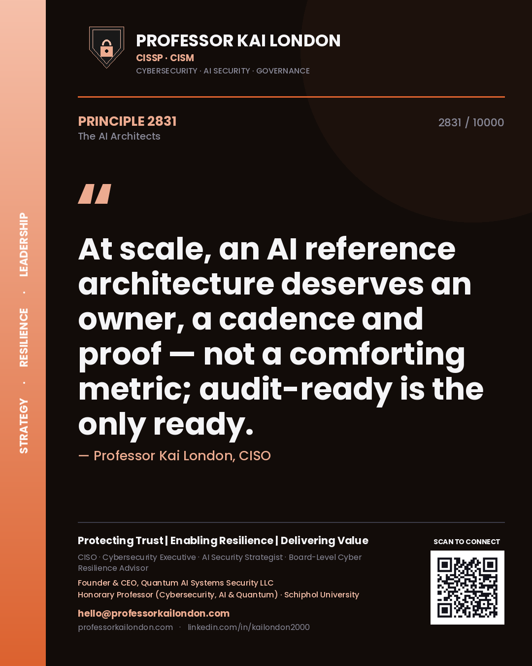 Quote card by Professor Kai London reading 'At scale, an AI reference architecture deserves an owner, a cadence and proof — not a comforting metric; audit-ready is the only ready.'. From the book The AI Architects.