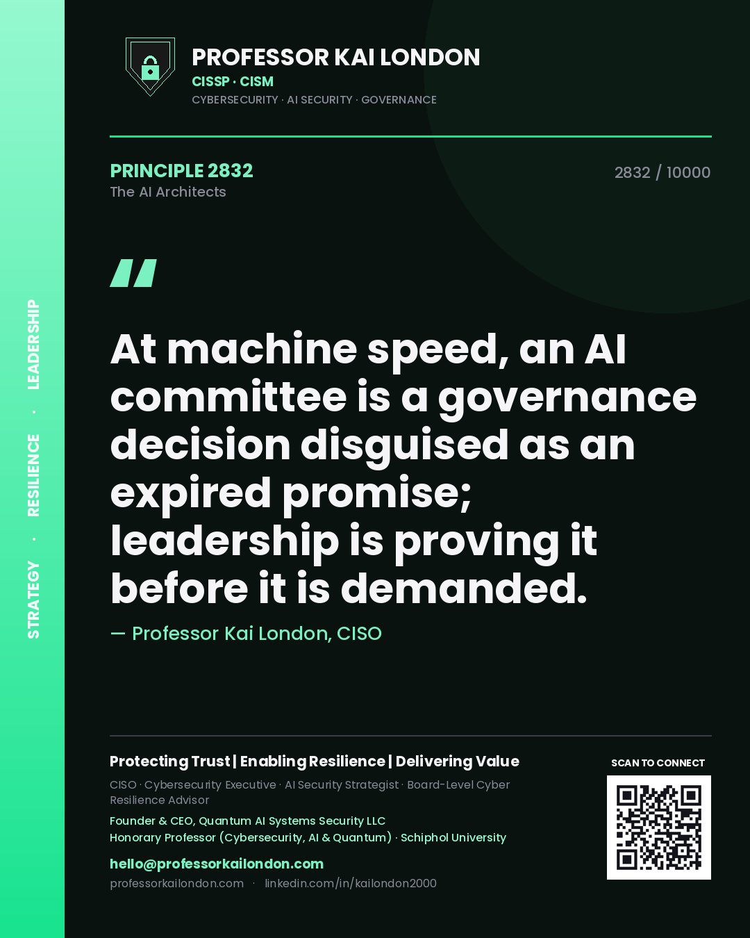 Quote card by Professor Kai London reading 'At machine speed, an AI committee is a governance decision disguised as an expired promise; leadership is proving it before it is demanded.'. From the book The AI Architects.