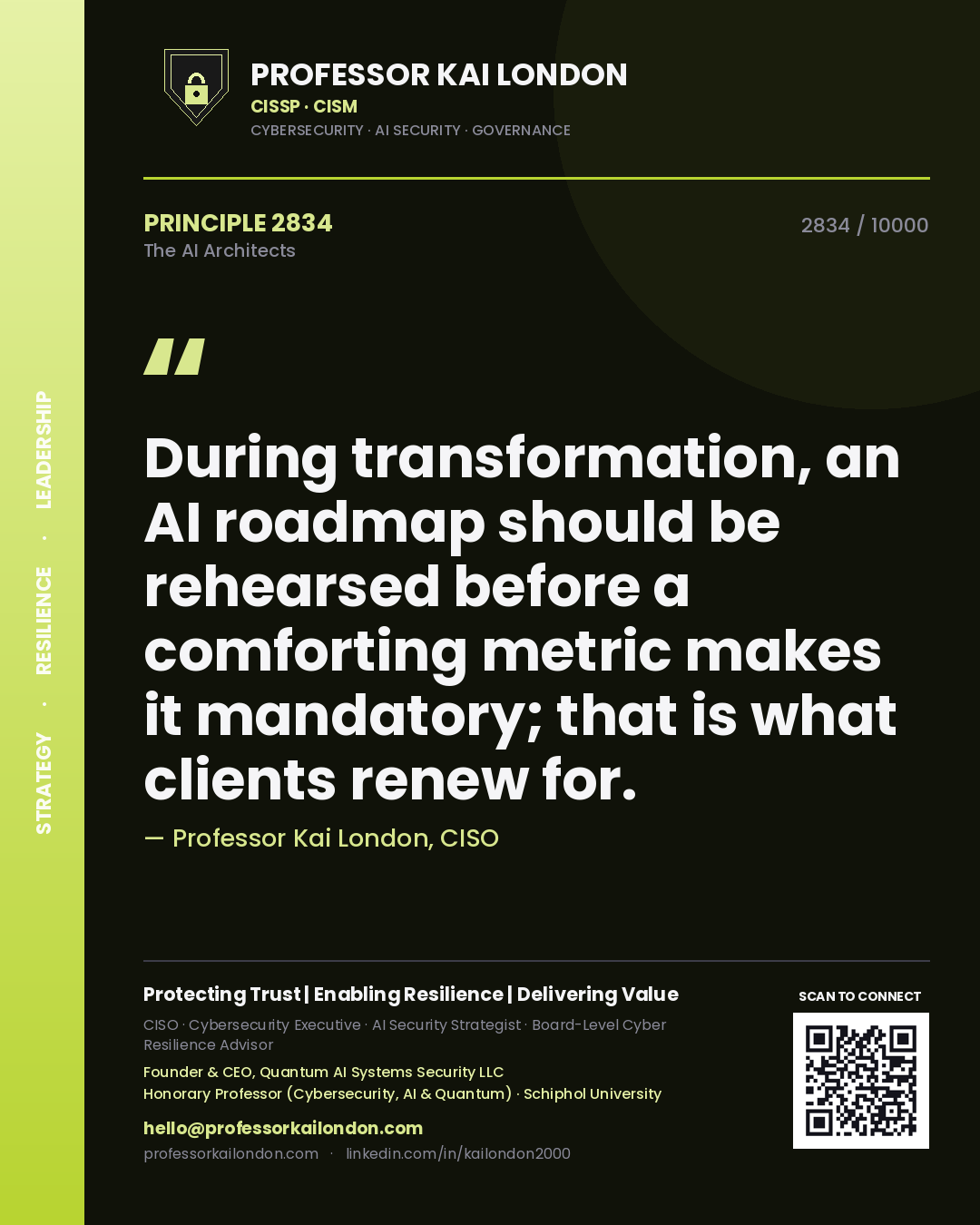 Quote card by Professor Kai London reading 'During transformation, an AI roadmap should be rehearsed before a comforting metric makes it mandatory; that is what clients renew for.'. From the book The AI Architects.