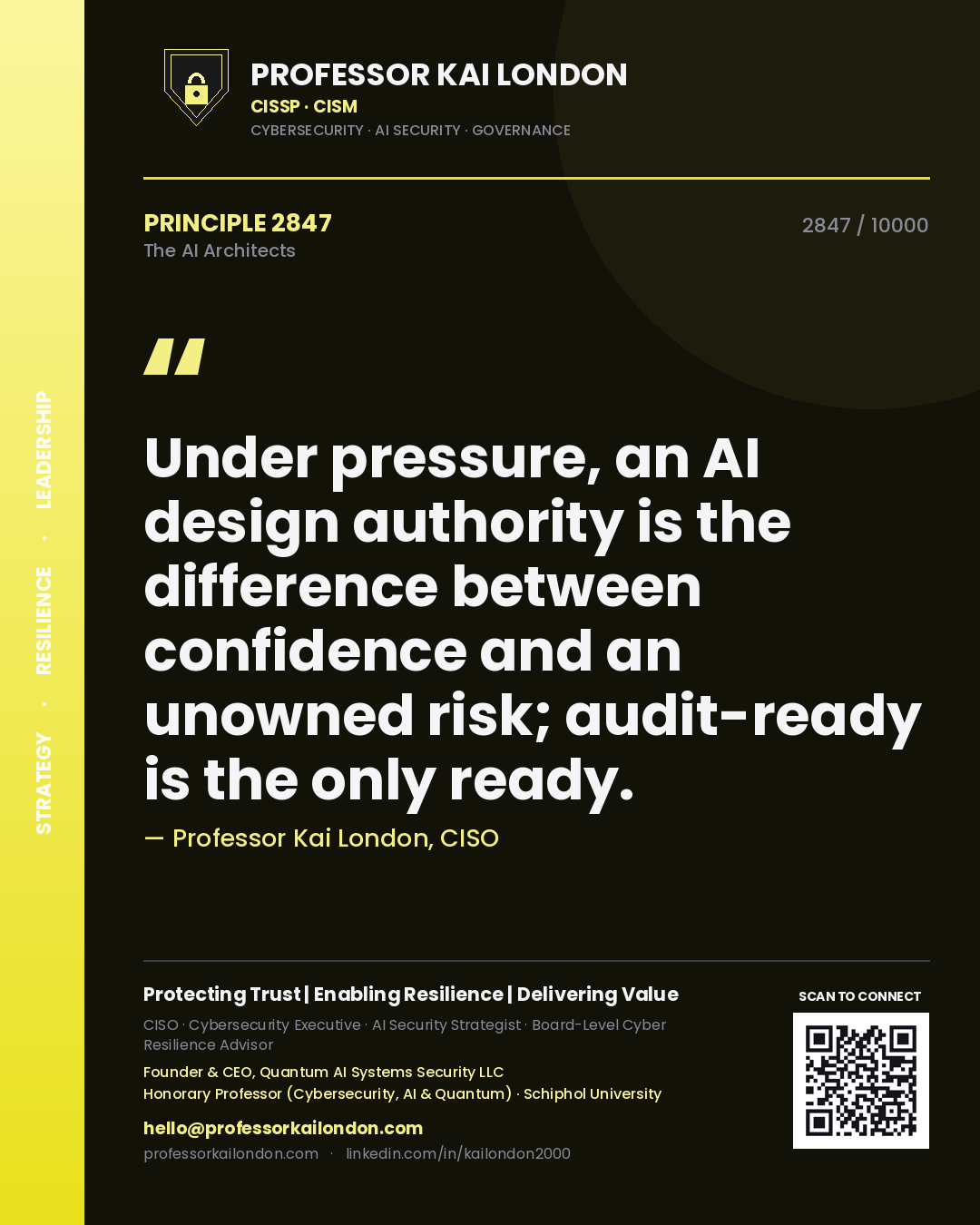 Quote card by Professor Kai London reading 'Under pressure, an AI design authority is the difference between confidence and an unowned risk; audit-ready is the only ready.'. From the book The AI Architects.