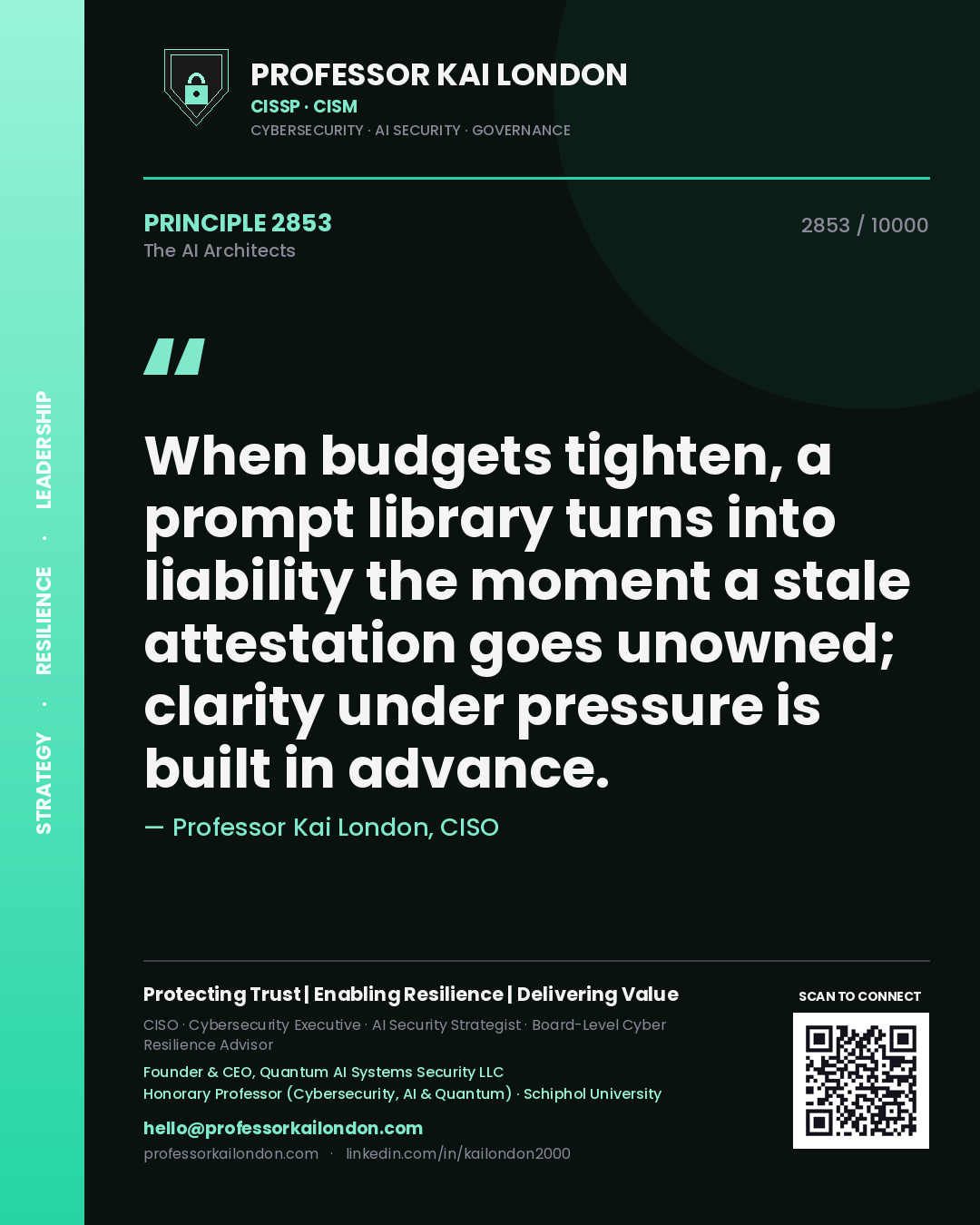 Quote card by Professor Kai London reading 'When budgets tighten, a prompt library turns into liability the moment a stale attestation goes unowned; clarity under pressure is built in advance.'. From the book The AI Architects.